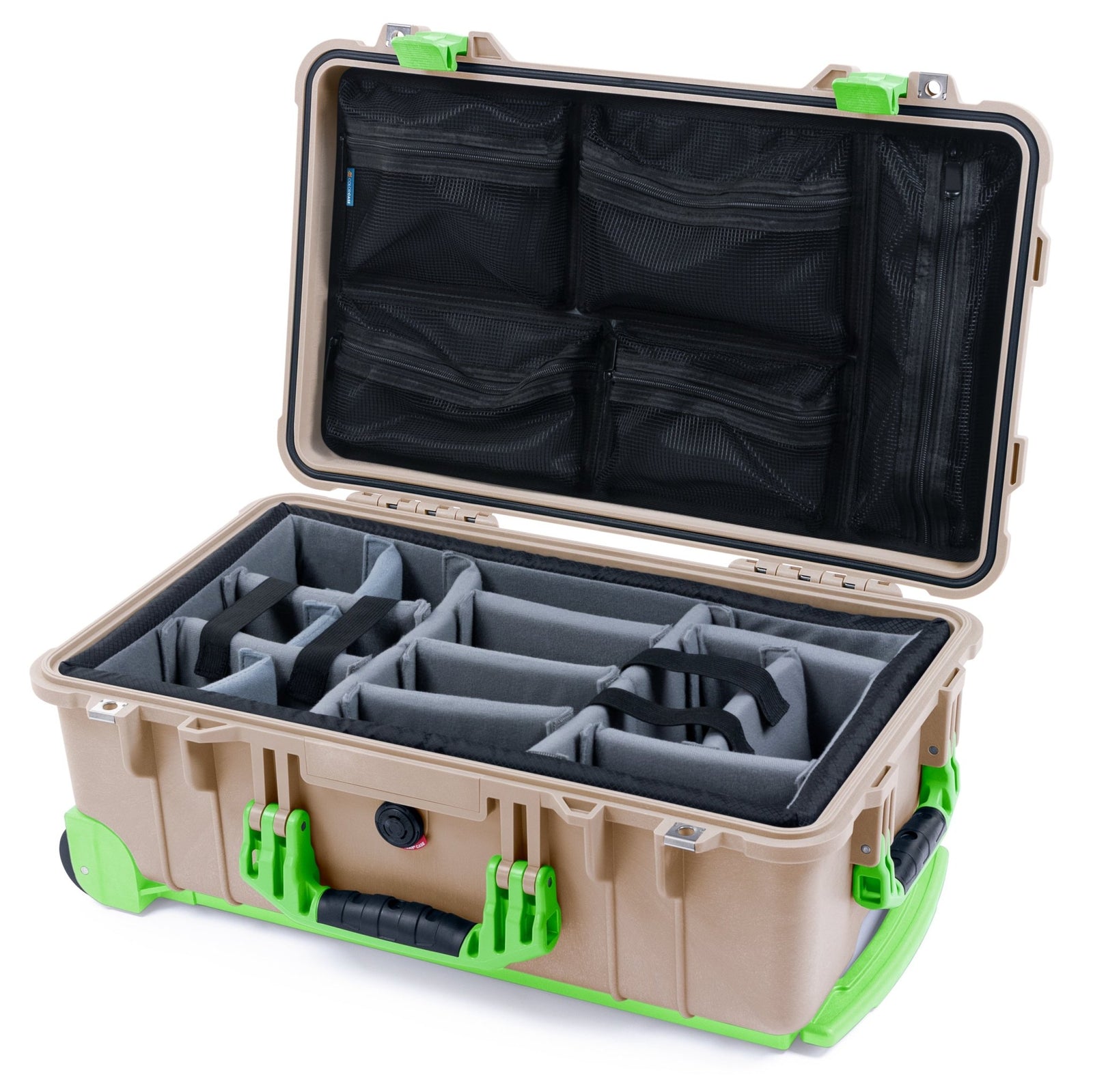 Pelican 1510 Case - Desert Tan & Lime Green Trolley - Padded Microfiber Dividers / Mesh Lid Organizer
