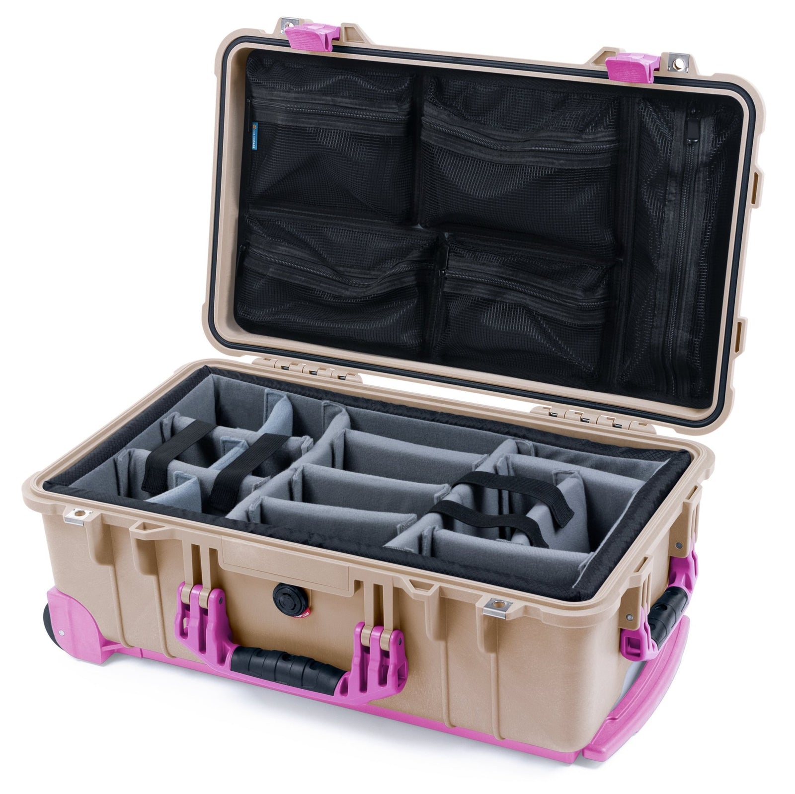 Pelican 1510 Case - Desert Tan & Magenta Trolley - Padded Microfiber Dividers / Mesh Lid Organizer
