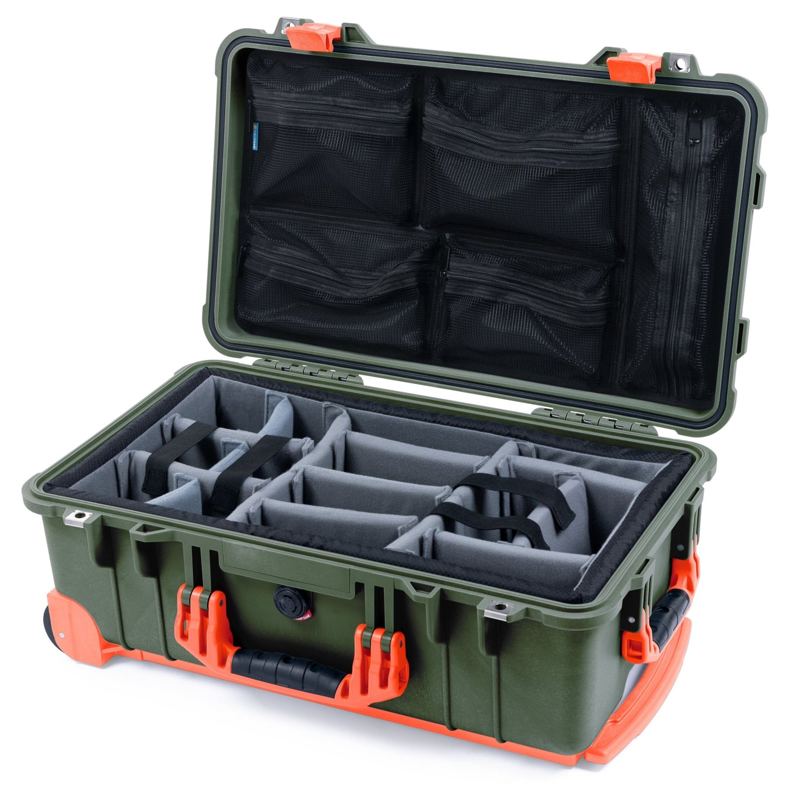 Pelican 1510 Case - OD Green & Orange Trolley - Padded Microfiber Dividers / Mesh Lid Organizer