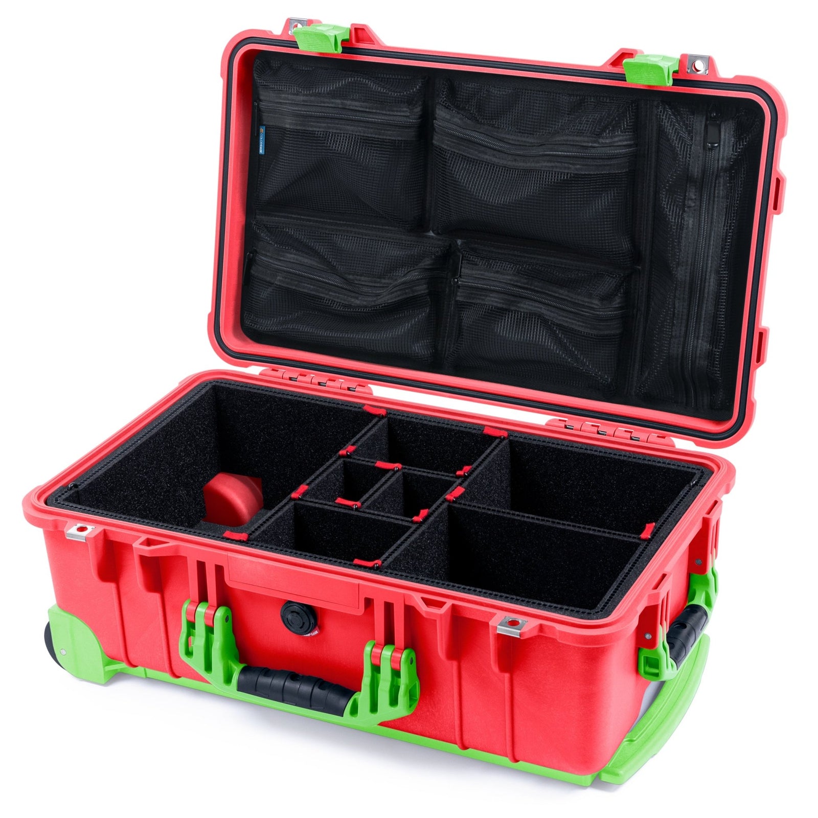 Pelican 1510 Case - Red & Lime Green Trolley - TrekPak Divider System / Mesh Lid Organizer