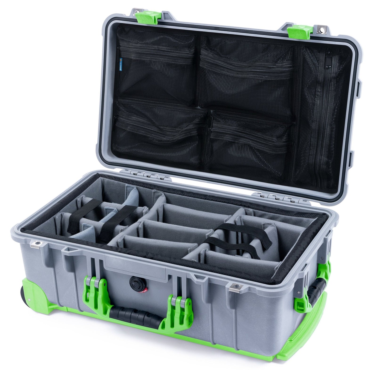 Pelican 1510 Case - Silver & Lime Green Trolley - Padded Microfiber Dividers / Mesh Lid Organizer