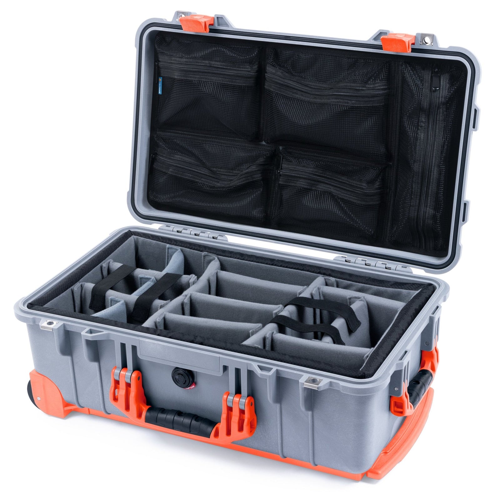 Pelican 1510 Case - Silver & Orange Trolley - Padded Microfiber Dividers / Mesh Lid Organizer