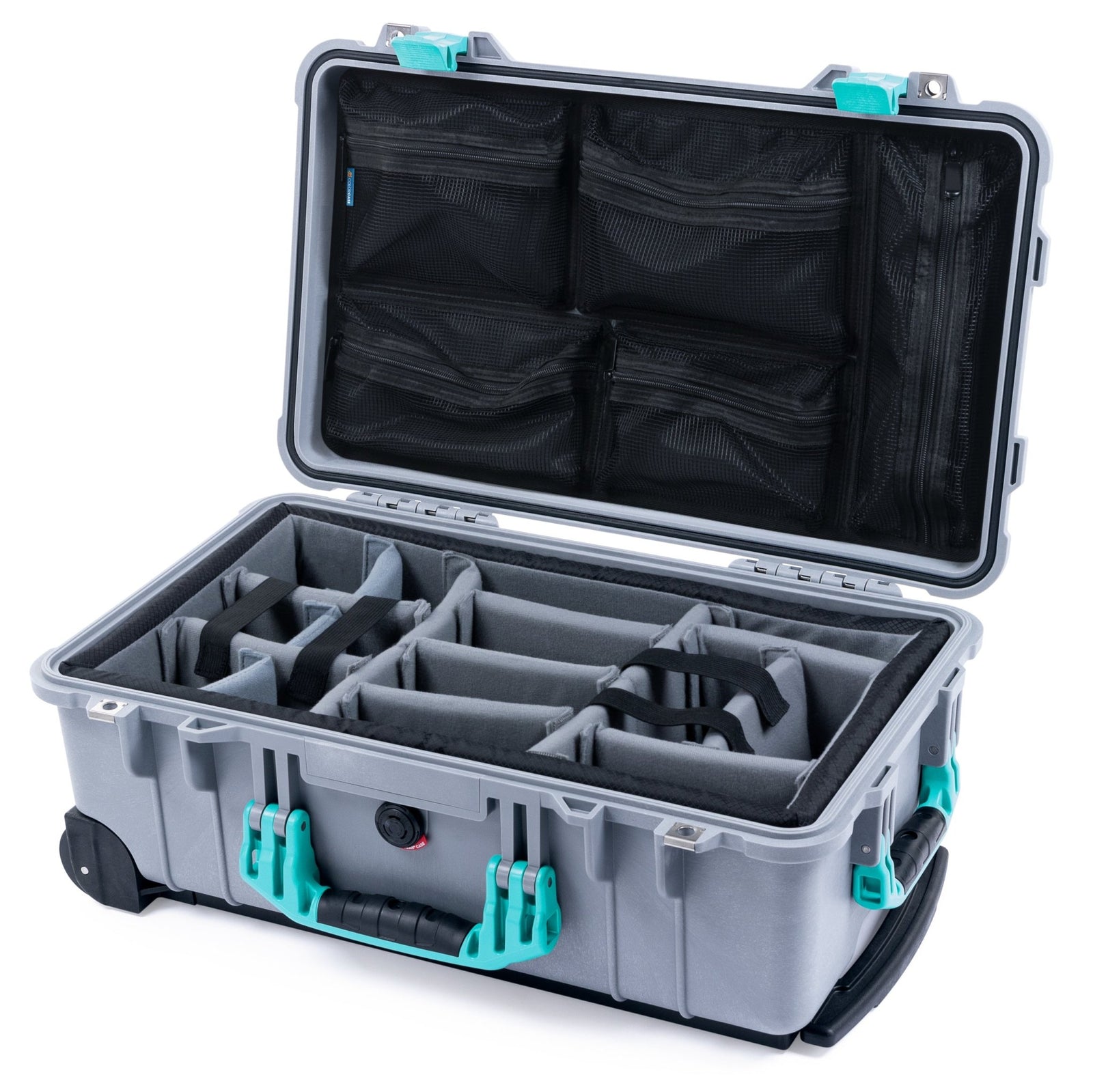 Pelican 1510 Case - Silver & Teal - Padded Microfiber Dividers / Mesh Lid Organizer