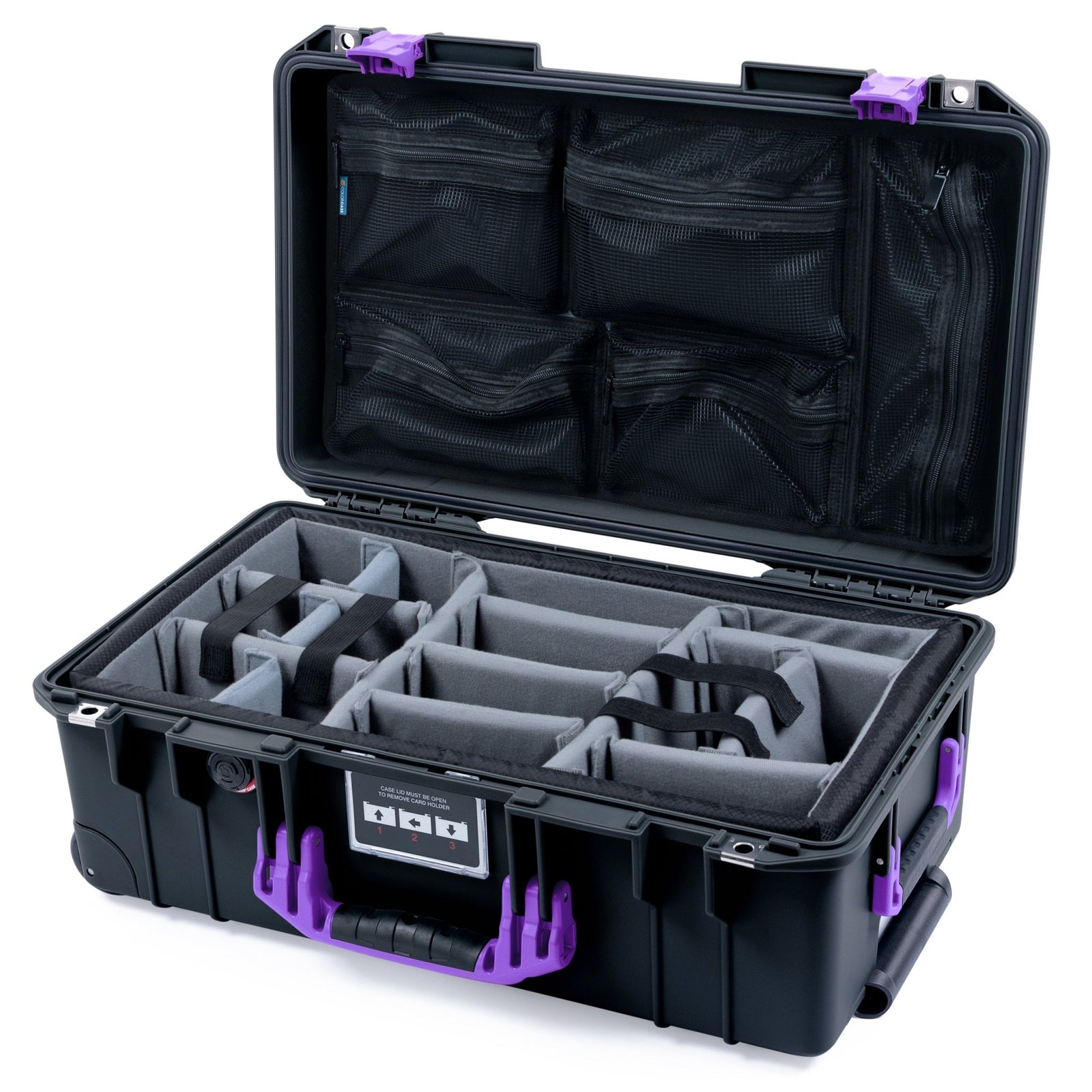 Pelican 1535 Air Carry-on Case - Black & Purple - Padded Microfiber Dividers / Mesh Lid Organizer