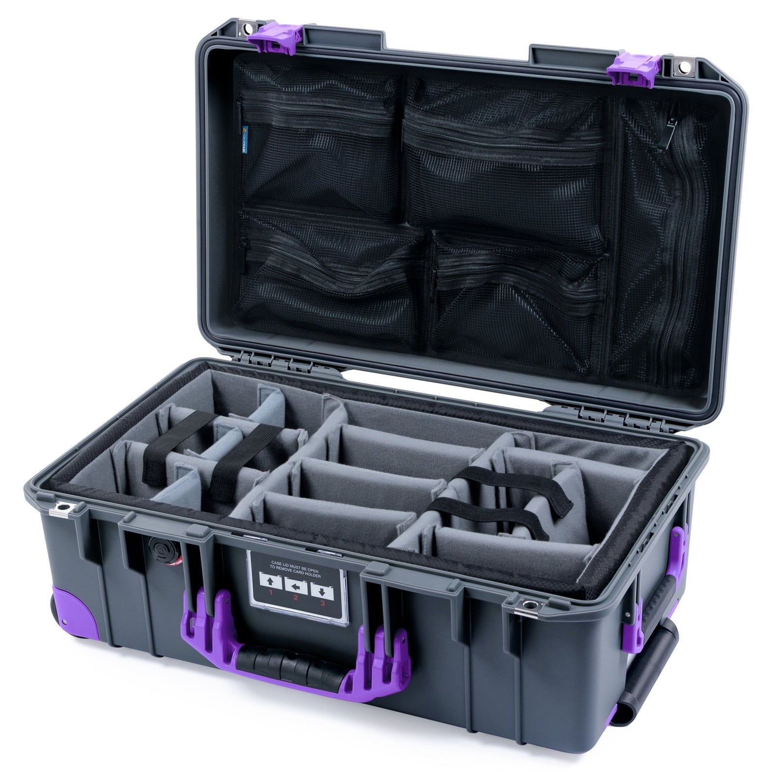 Pelican 1535 Air Carry - on Case - Charcoal & Purple Trolley - Padded Microfiber Dividers / Mesh Lid Organizer