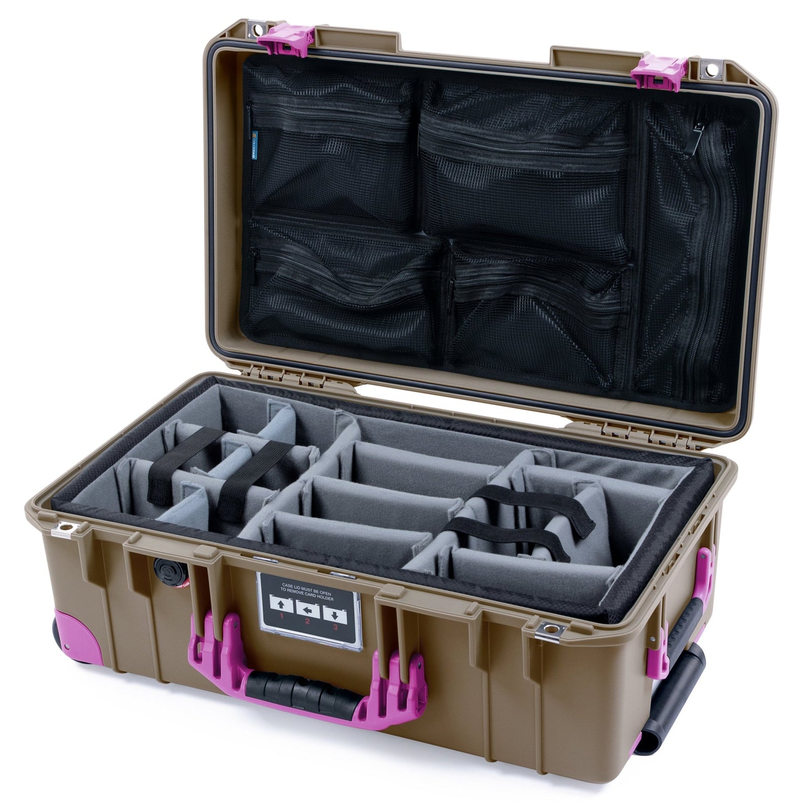 Pelican 1535 Air Carry-on Case - Dark Desert Dirt & Magenta Trolley - Padded Microfiber Dividers / Mesh Lid Organizer