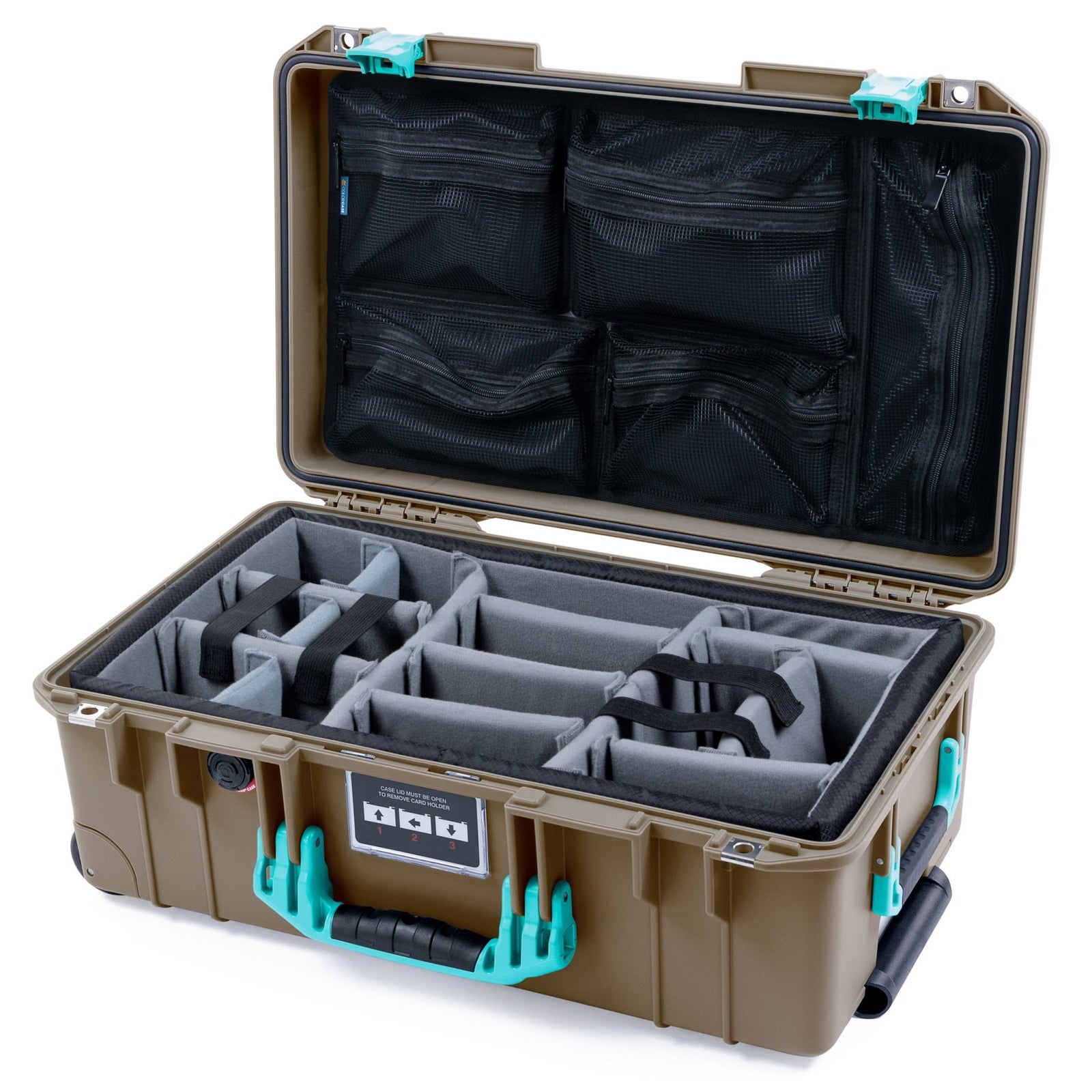 Pelican 1535 Air Carry - on Case - Dark Desert Dirt & Teal - Padded Microfiber Dividers / Mesh Lid Organizer