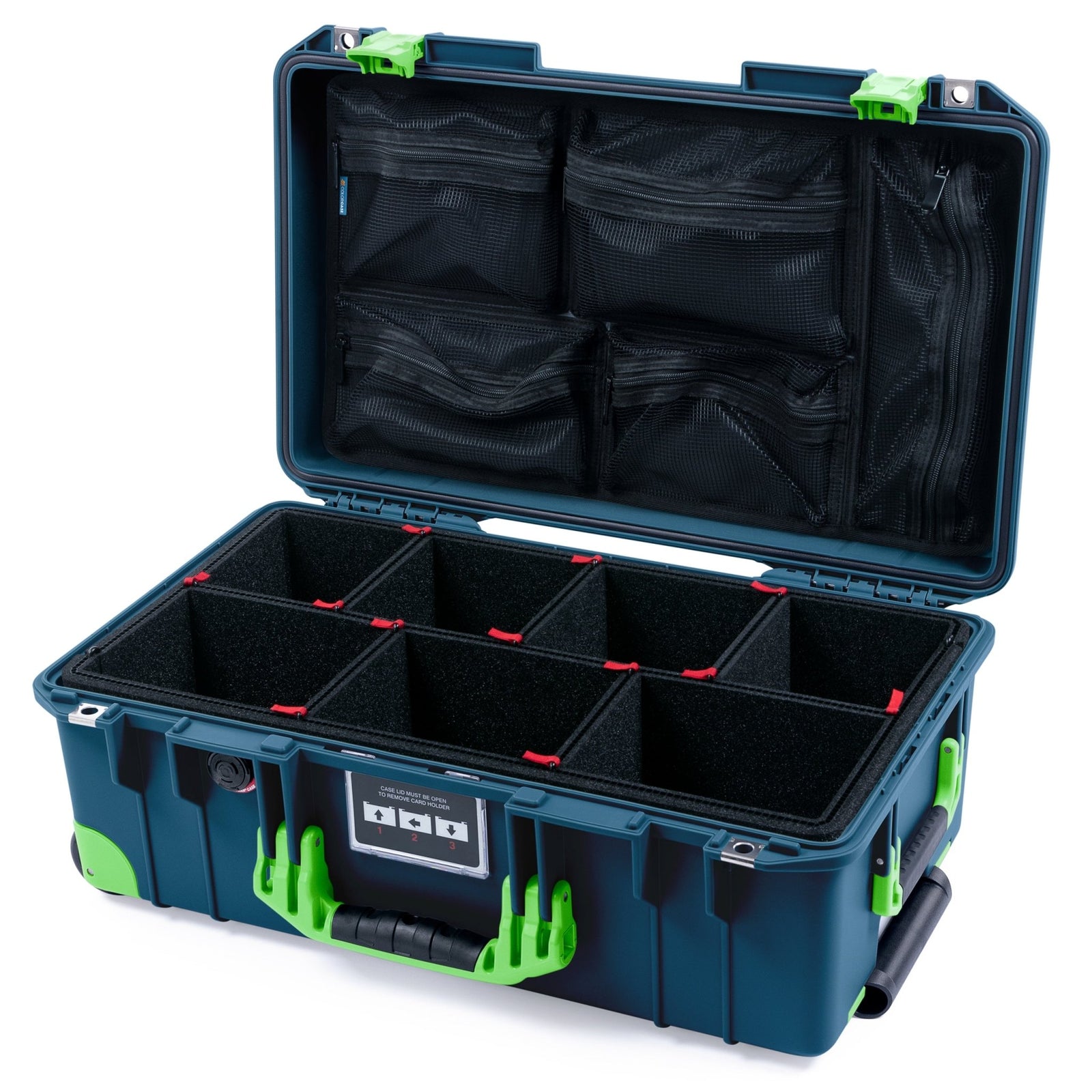 Pelican 1535 Air Carry - on Case - Deep Pacific & Lime Green Trolley - TrekPak Divider System / Mesh Lid Organizer