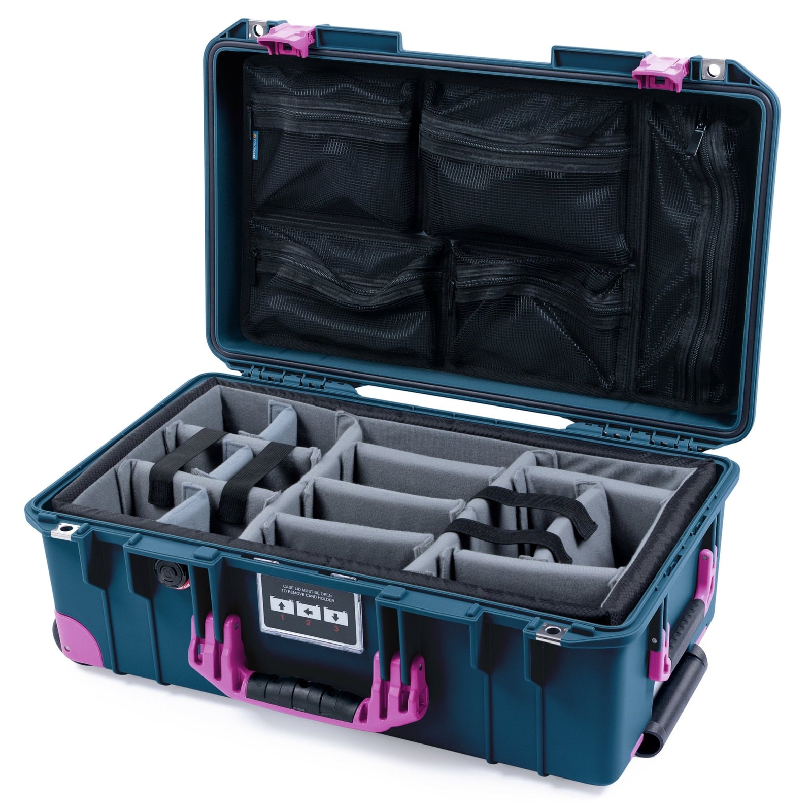 Pelican 1535 Air Carry-on Case - Deep Pacific & Magenta Trolley - Padded Microfiber Dividers / Mesh Lid Organizer