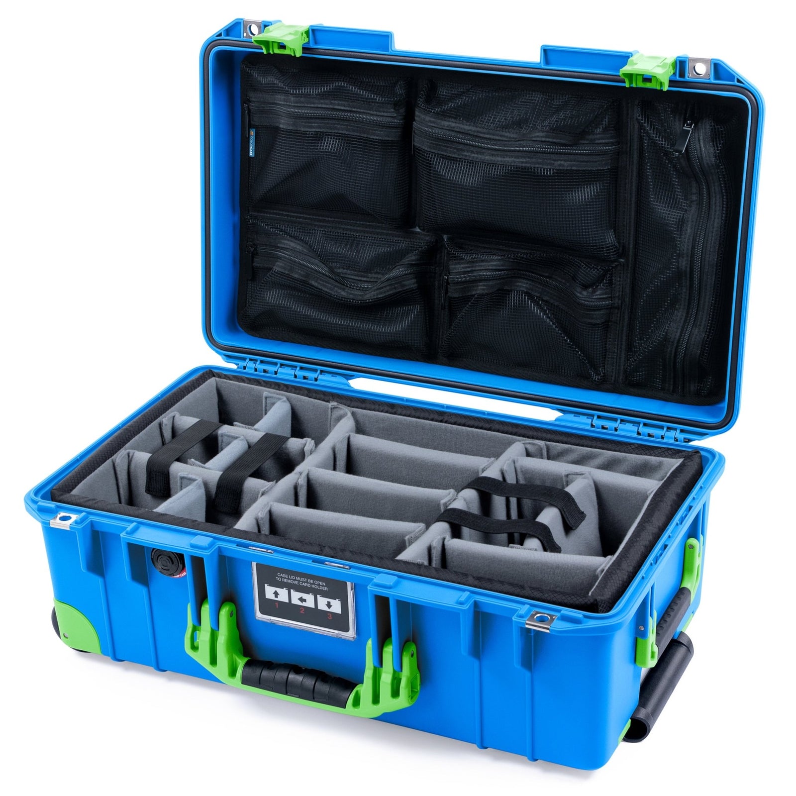 Pelican 1535 Air Carry - on Case - Electric Blue & Lime Green Trolley - Padded Microfiber Dividers / Mesh Lid Organizer