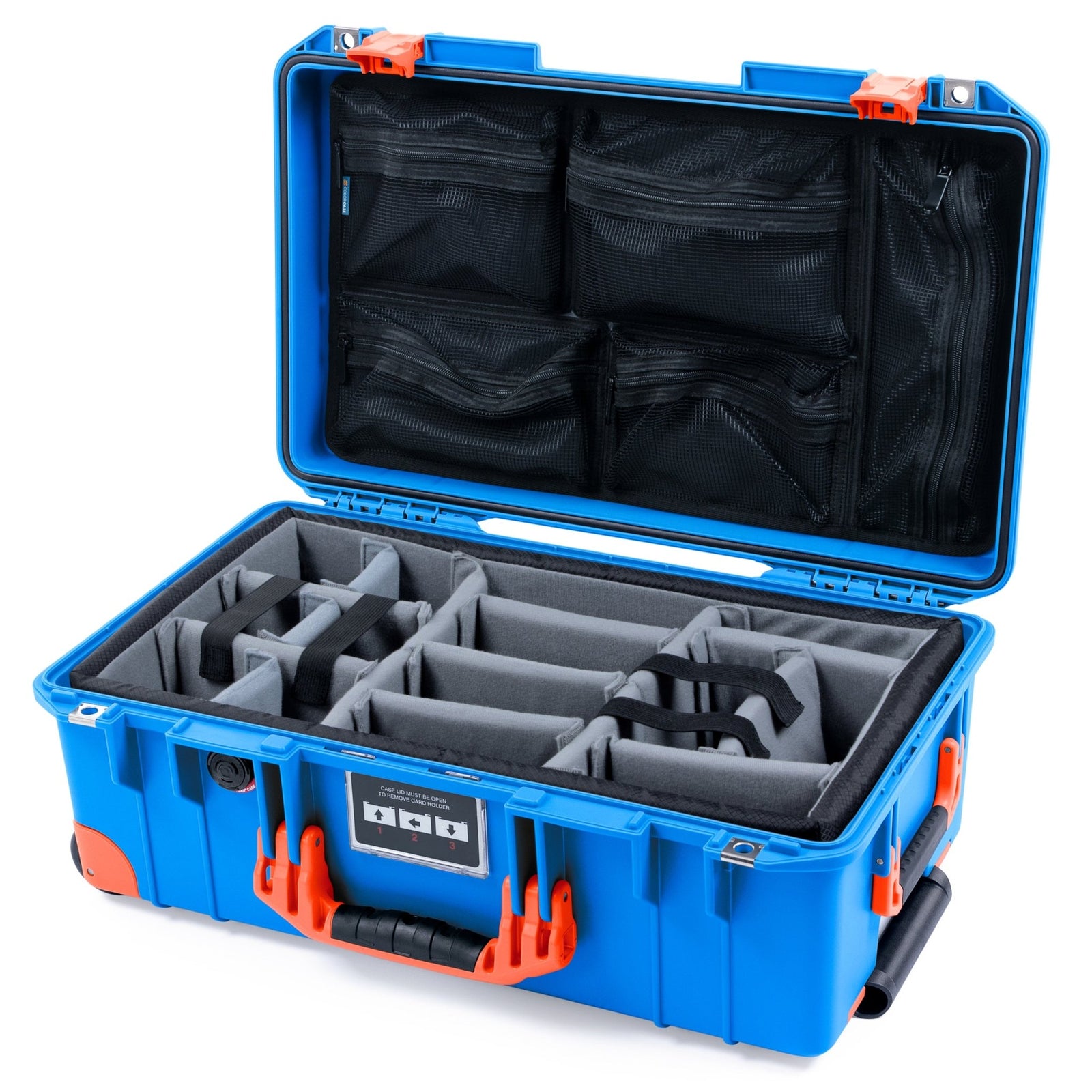 Pelican 1535 Air Carry - on Case - Electric Blue & Orange Trolley - Padded Microfiber Dividers / Mesh Lid Organizer