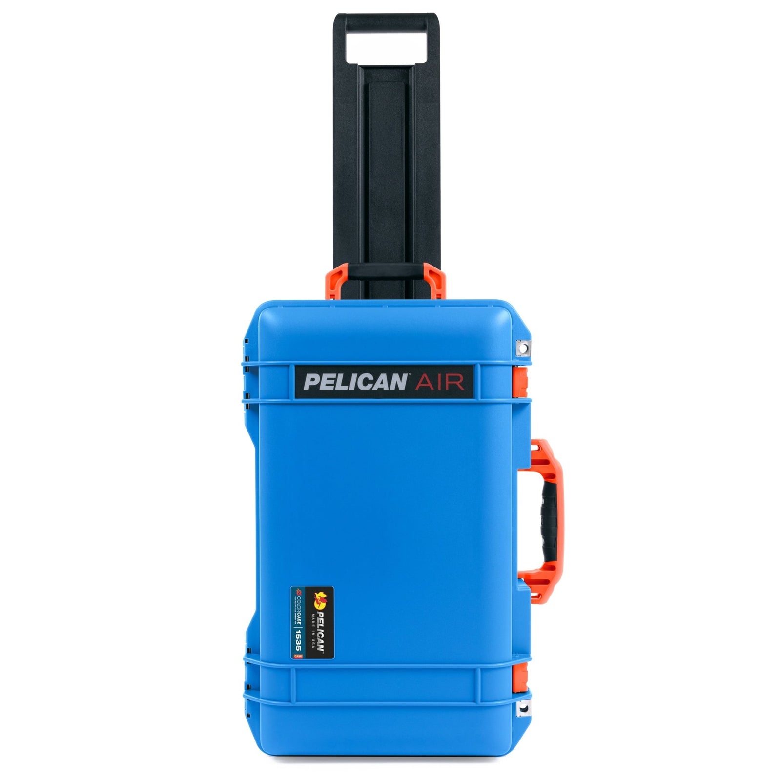 Pelican 1535 Air Carry-on Case - Electric Blue & Orange - Front View of Upright Case