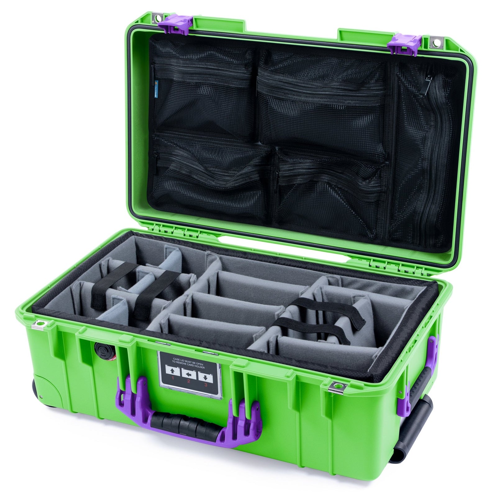 Pelican 1535 Air Carry - on Case - Lime Green & Purple - Padded Microfiber Dividers / Mesh Lid Organizer