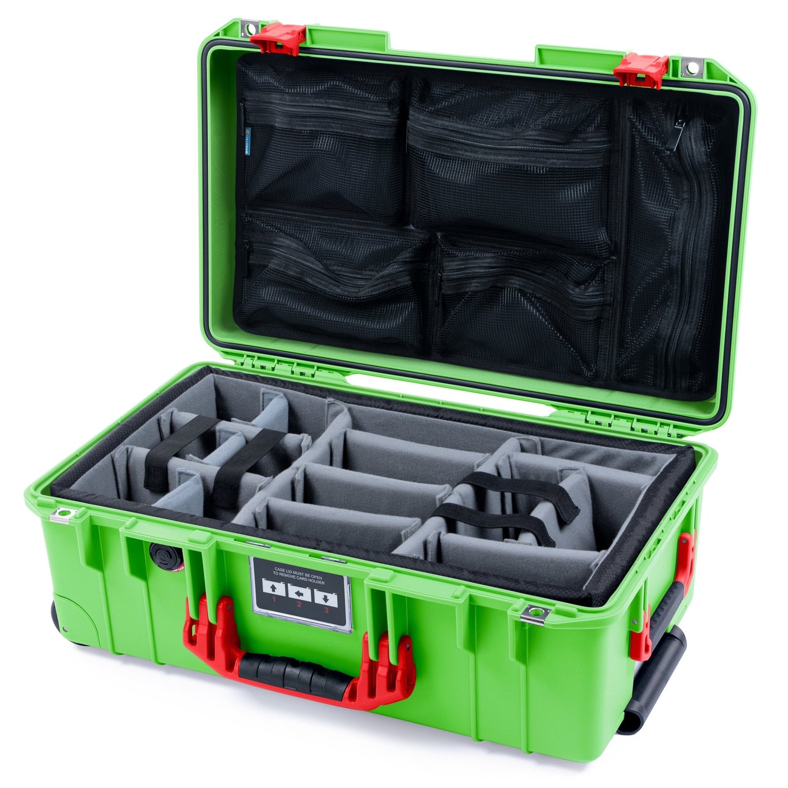 Pelican 1535 Air Carry - on Case - Lime Green & Red - Padded Microfiber Dividers / Mesh Lid Organizer