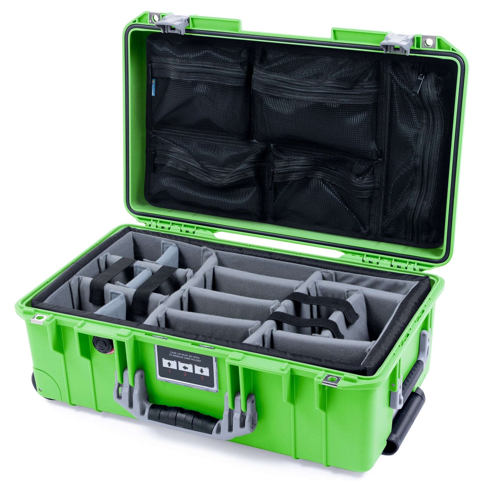 Pelican 1535 Air Carry - on Case - Lime Green & Silver - Padded Microfiber Dividers / Mesh Lid Organizer