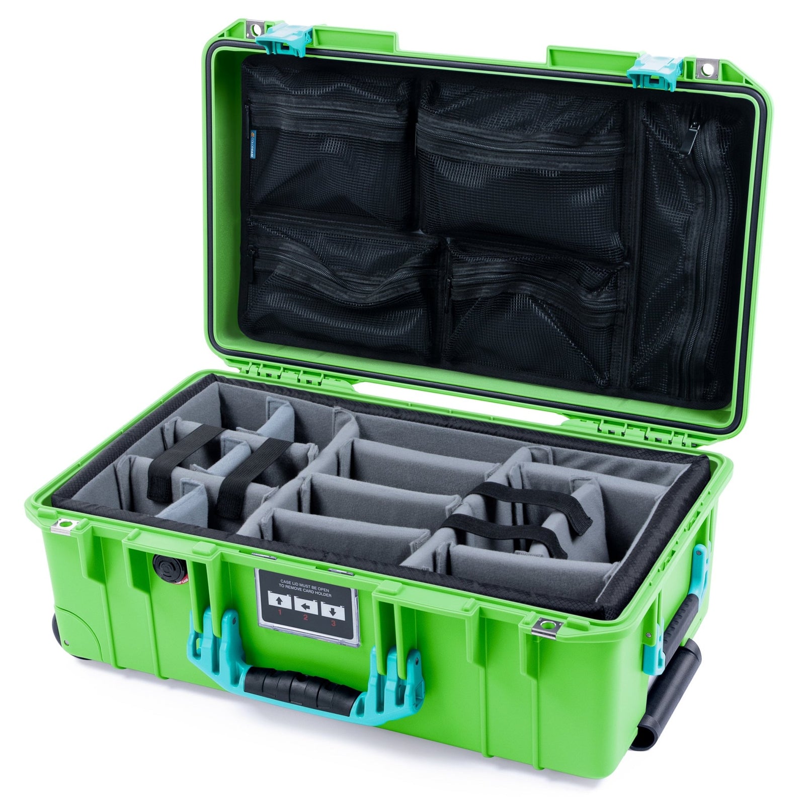 Pelican 1535 Air Carry - on Case - Lime Green & Teal - Padded Microfiber Dividers / Mesh Lid Organizer