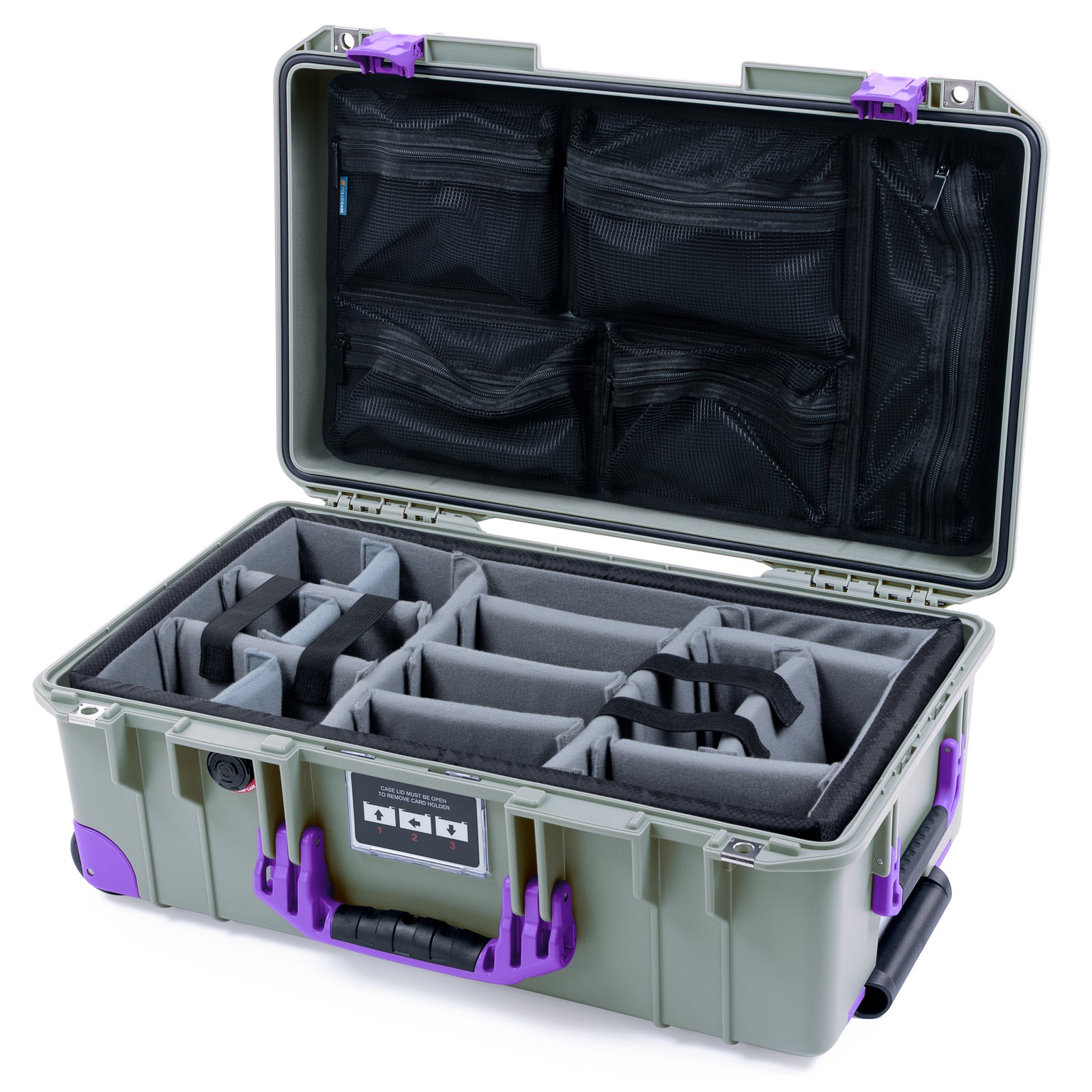 Pelican 1535 Air Carry-on Case - Sage with Purple Handles, Latches and Trolley - Padded Microfiber Dividers / Mesh Lid Organizer