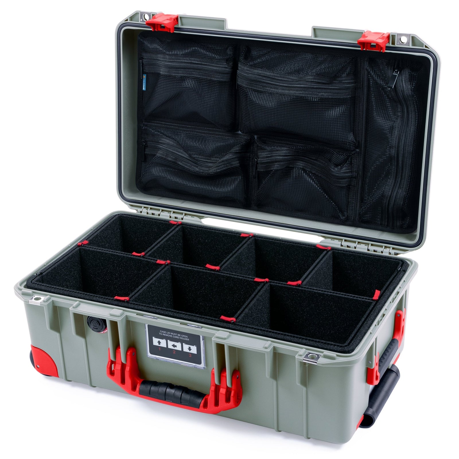 Pelican 1535 Air Carry - on Case - Sage & Red Trolley - TrekPak Divider System / Mesh Lid Organizer