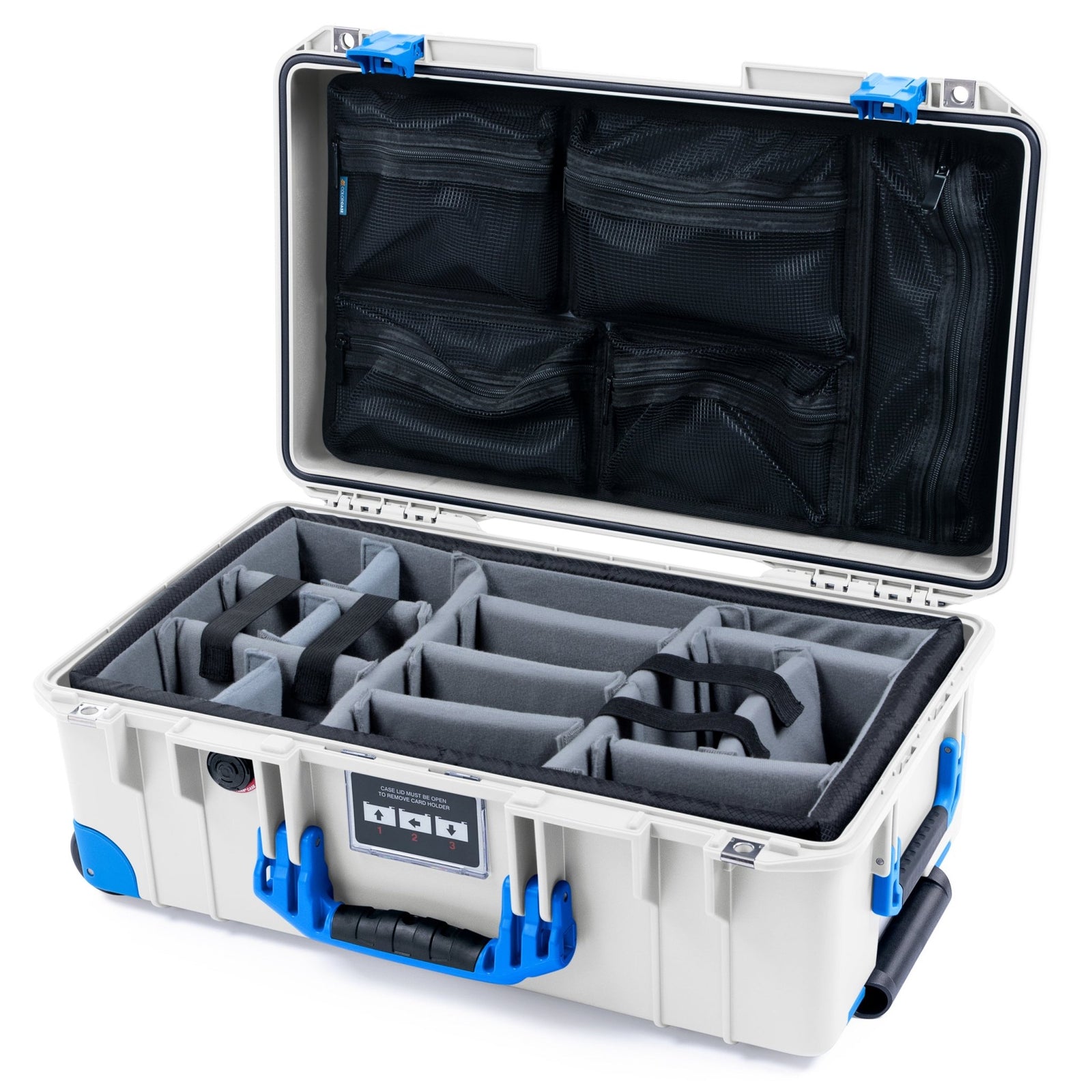 Pelican 1535 Air Carry - on Case - Whiteout & Blue Trolley - Padded Microfiber Dividers / Mesh Lid Organizer