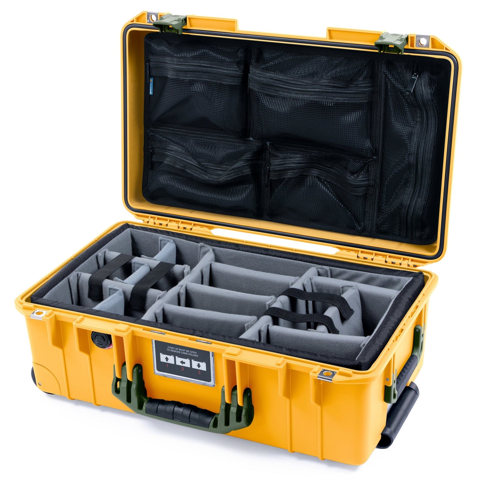 Pelican 1535 Air Carry - on Case - Yellow & OD Green - Padded Microfiber Dividers / Mesh Lid Organizer
