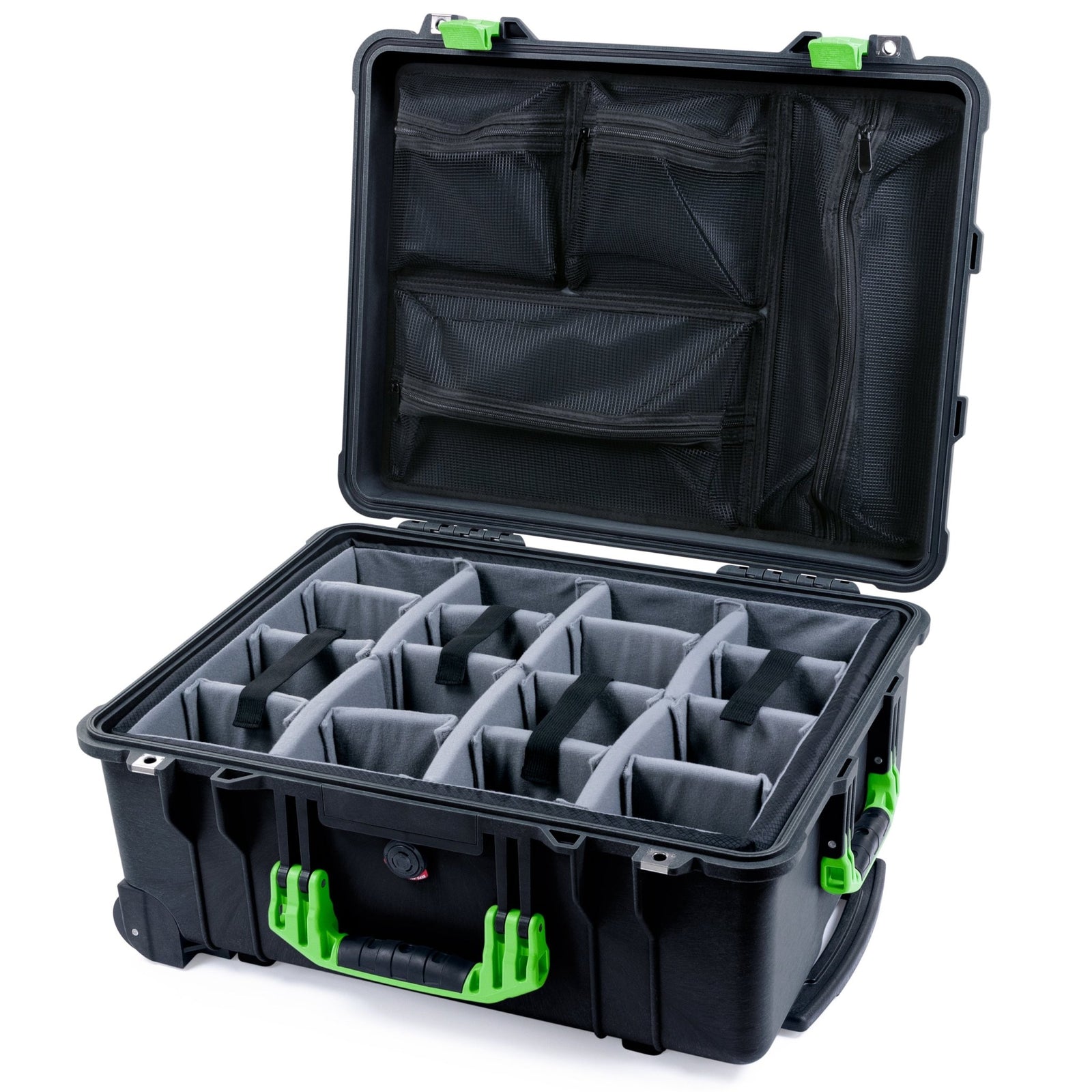 Pelican 1560 Case - Black & Lime Green - Padded Microfiber Dividers / Mesh Lid Organizer