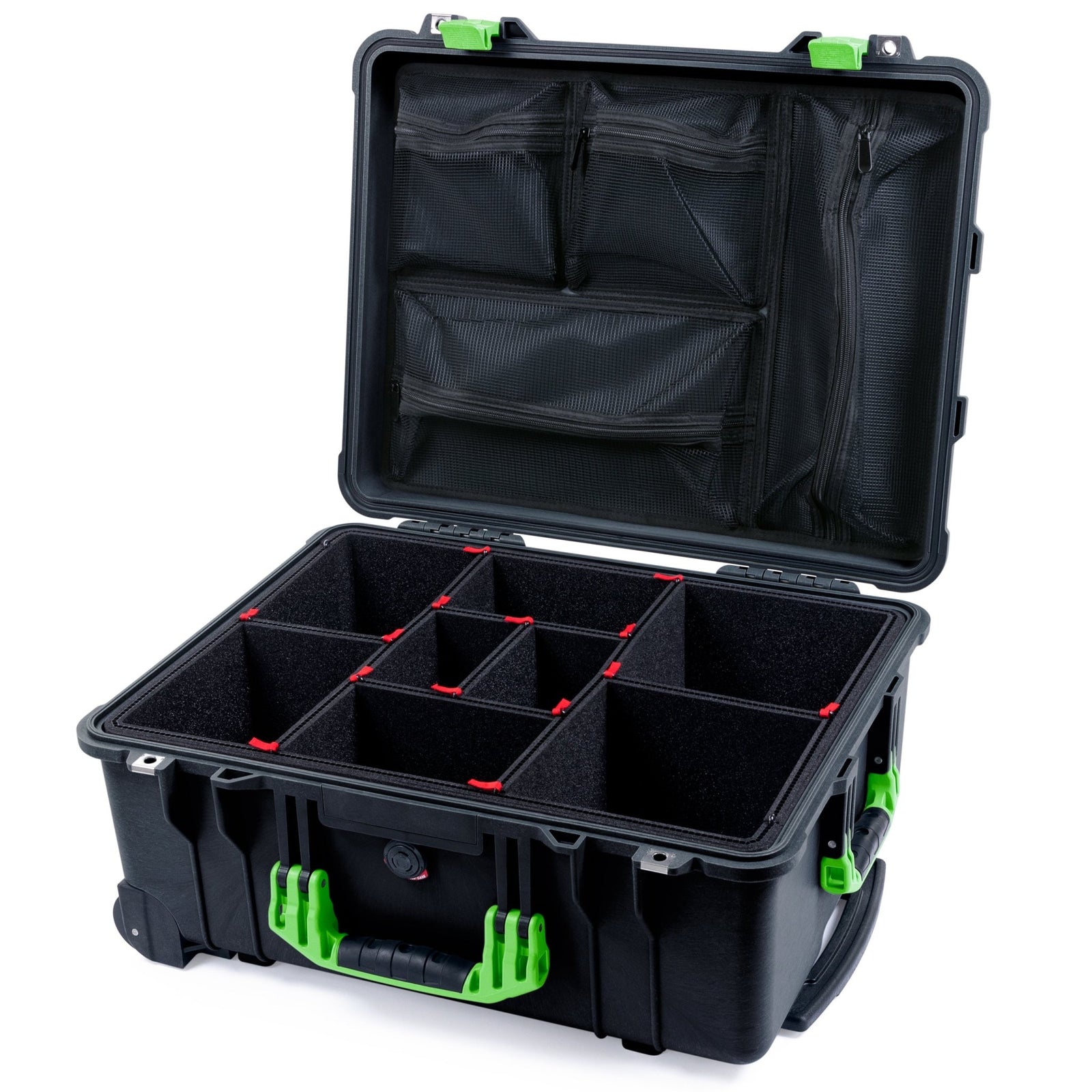 Pelican 1560 Case - Black & Lime Green - TrekPak Divider System / Mesh Lid Organizer
