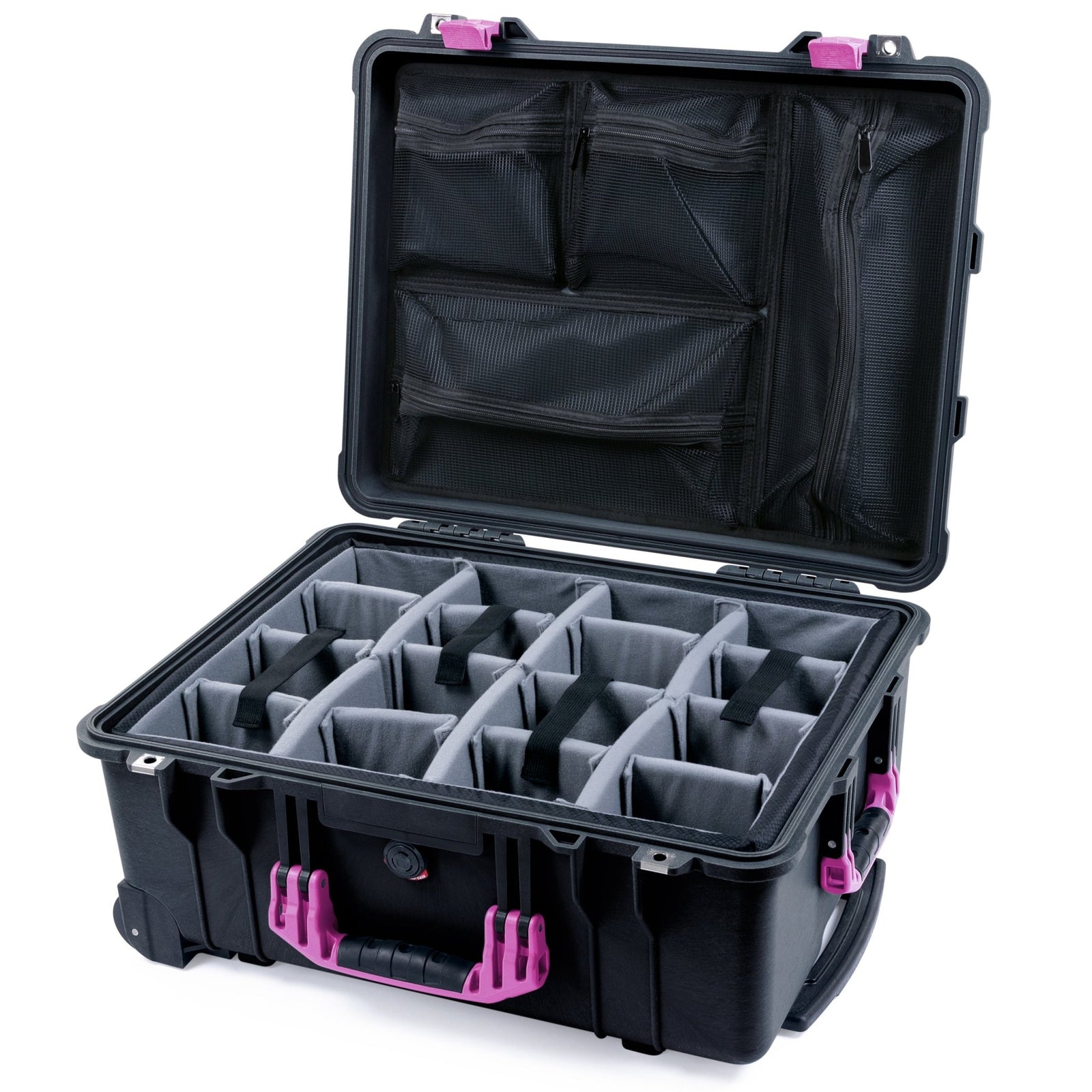 Pelican 1560 Case - Black & Magenta - Padded Microfiber Dividers / Mesh Lid Organizer