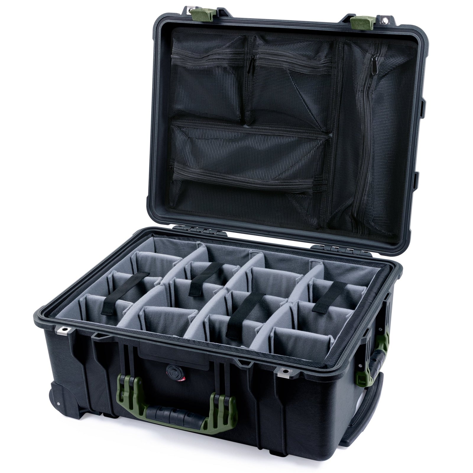 Pelican 1560 Case - Black & OD Green - Padded Microfiber Dividers / Mesh Lid Organizer