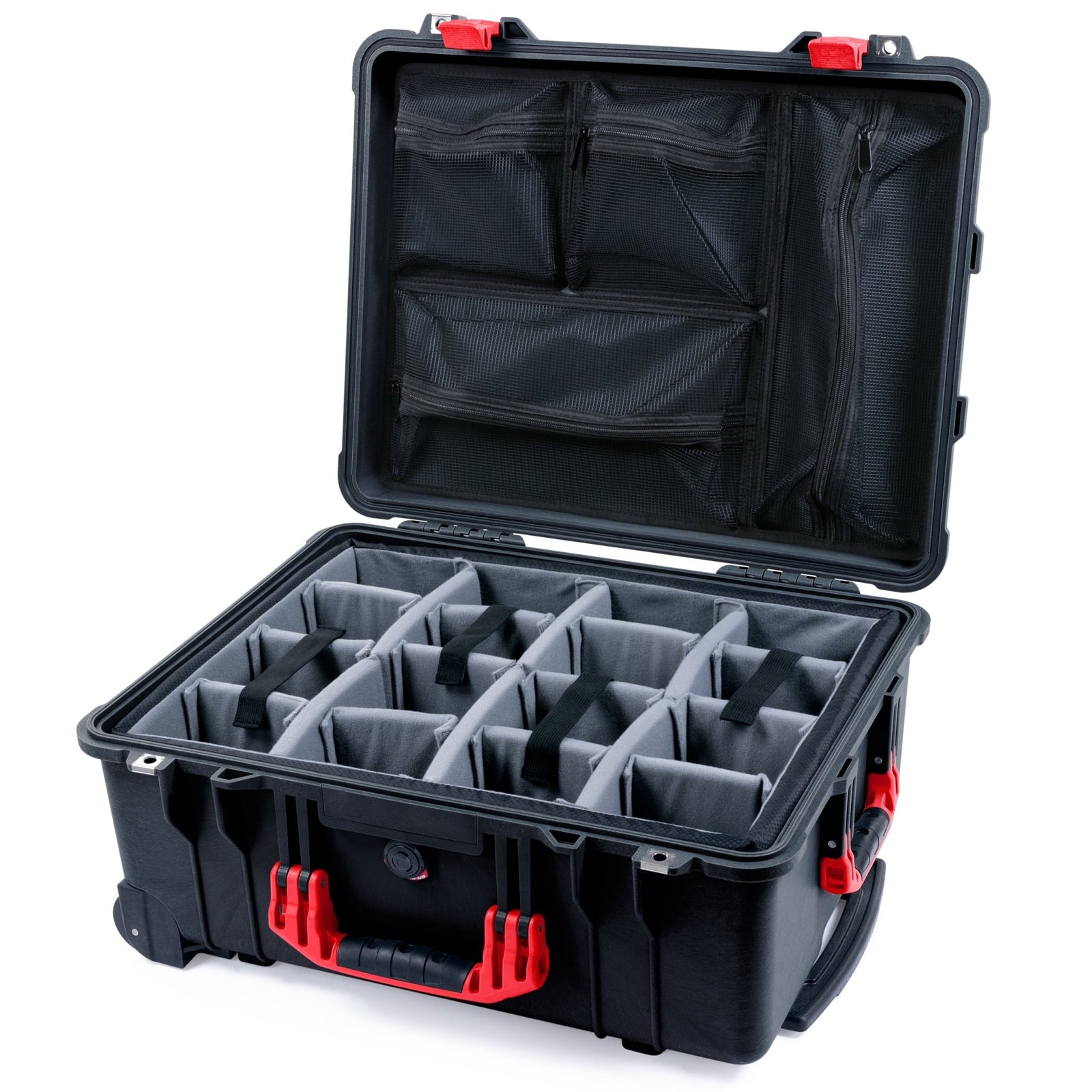 Pelican 1560 Case - Black & Red - Padded Microfiber Dividers / Mesh Lid Organizer