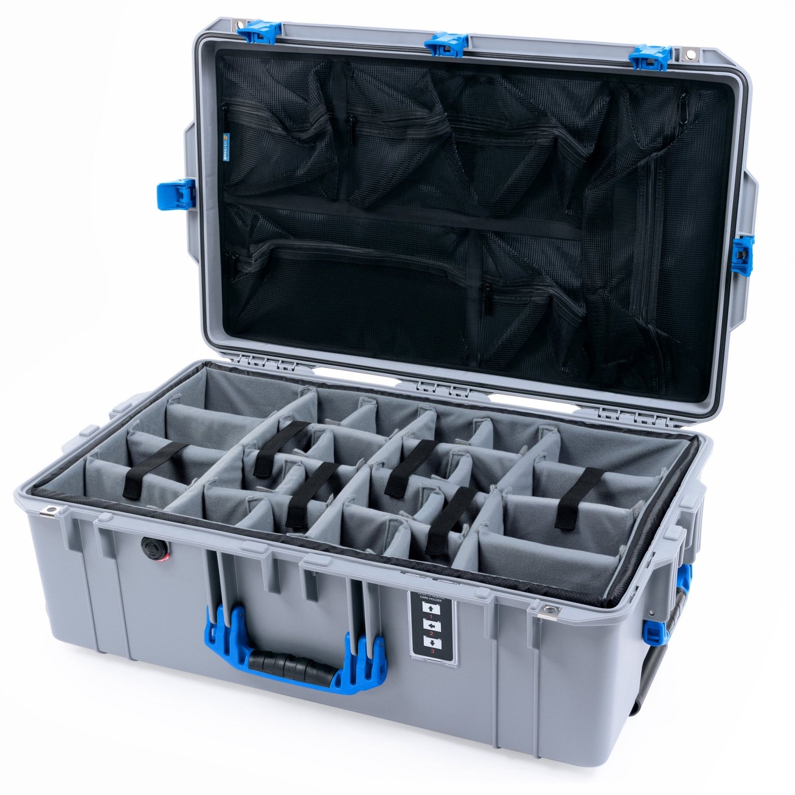 Pelican 1595 Air Case - Silver & Blue Trolley - Padded Microfiber Dividers / Mesh Lid Organizer