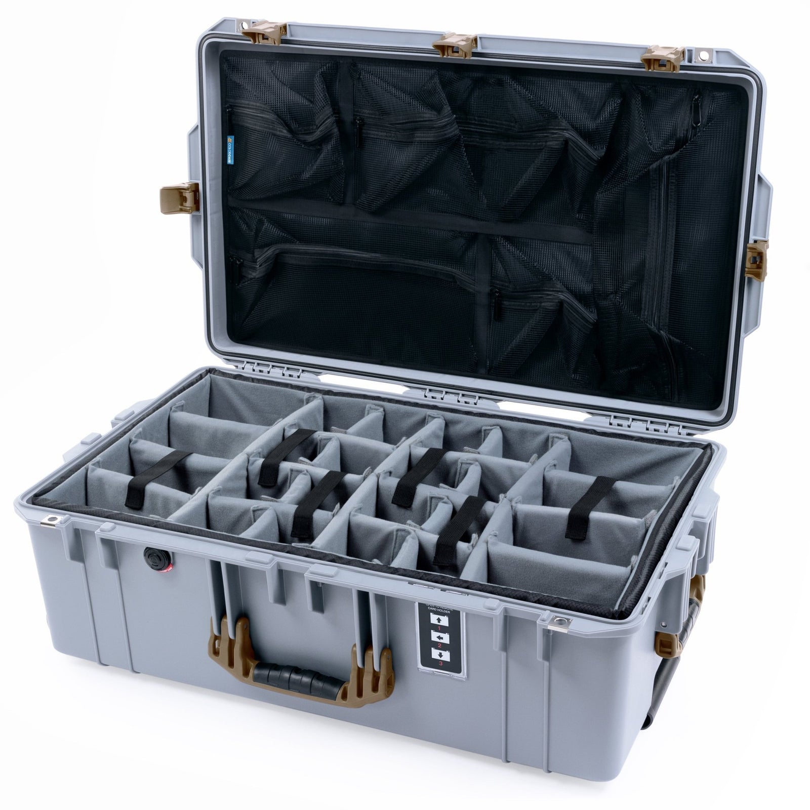 Pelican 1595 Air Case - Silver & Dark Desert Dirt - Padded Microfiber Dividers / Mesh Lid Organizer