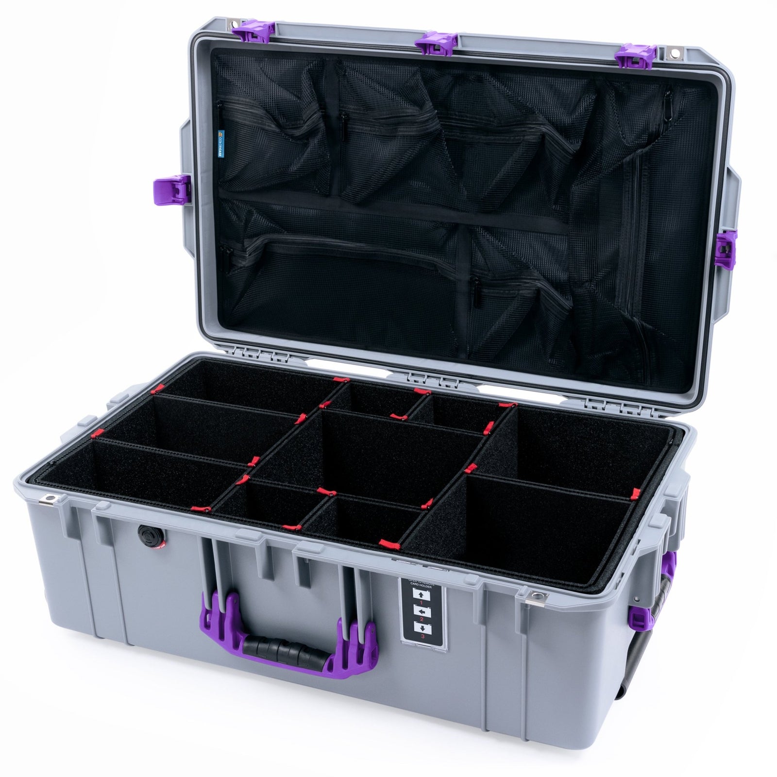 Pelican 1595 Air Case - Silver & Purple - TrekPak Divider System / Mesh Lid Organizer