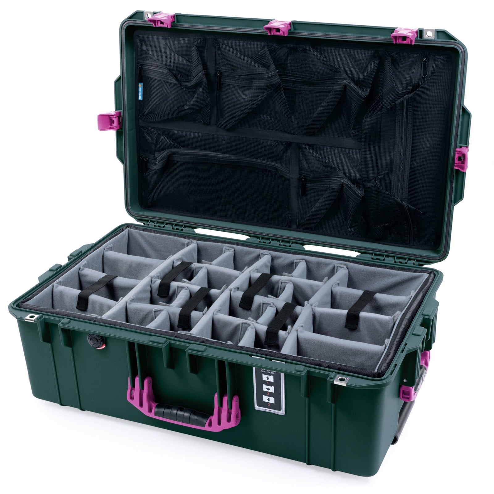 Pelican 1595 Air Case - Trekking Green & Magenta Trolley - Padded Microfiber Dividers / Mesh Lid Organizer