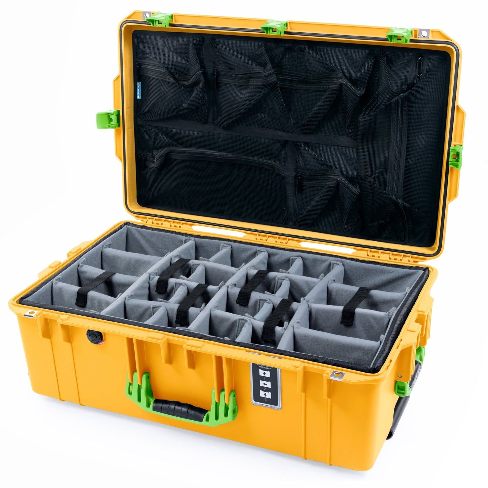 Pelican 1595 Air Case - Yellow & Lime Green Trolley - Padded Microfiber Dividers / Mesh Lid Organizer