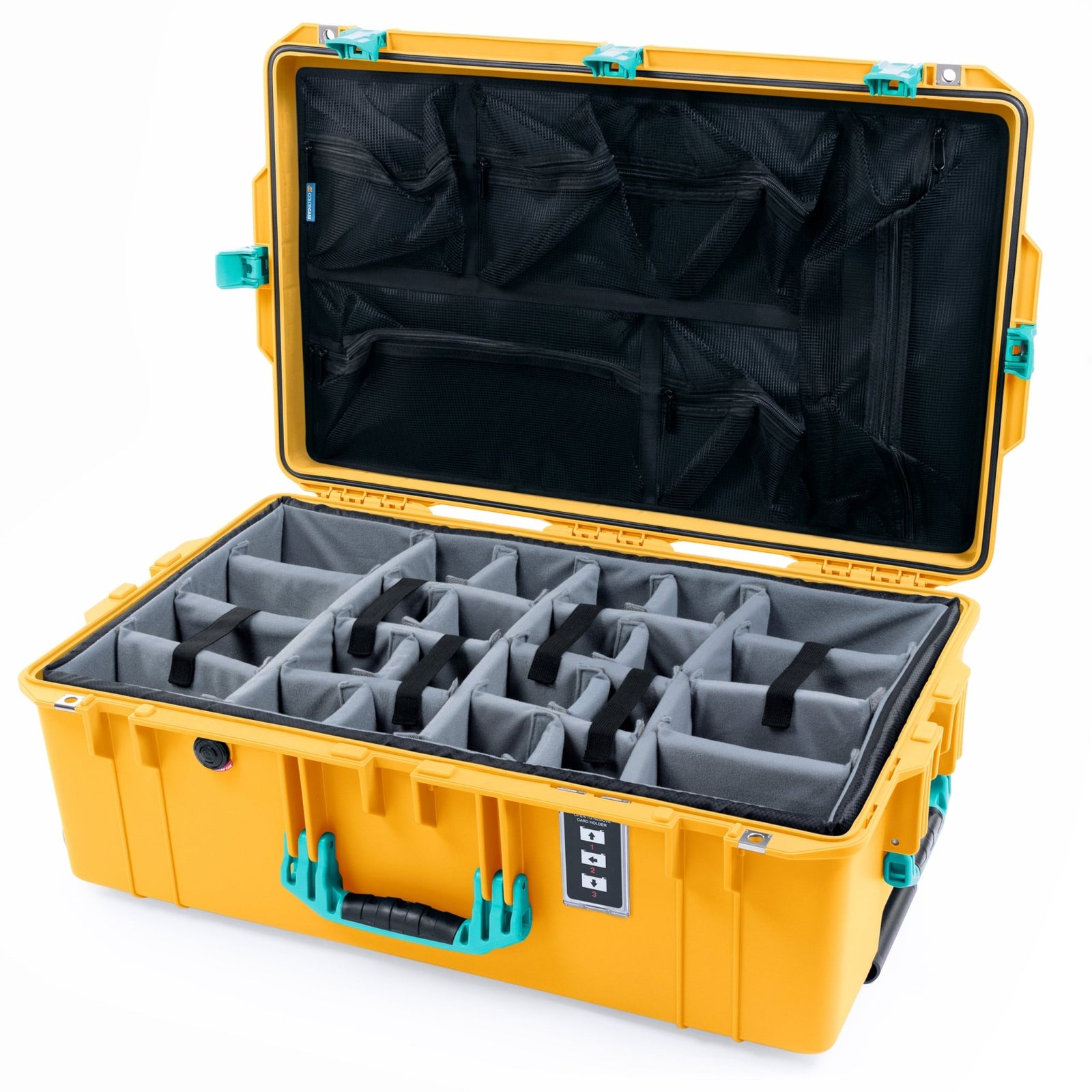Pelican 1595 Air Case - Yellow & Teal - Padded Microfiber Dividers / Mesh Lid Organizer