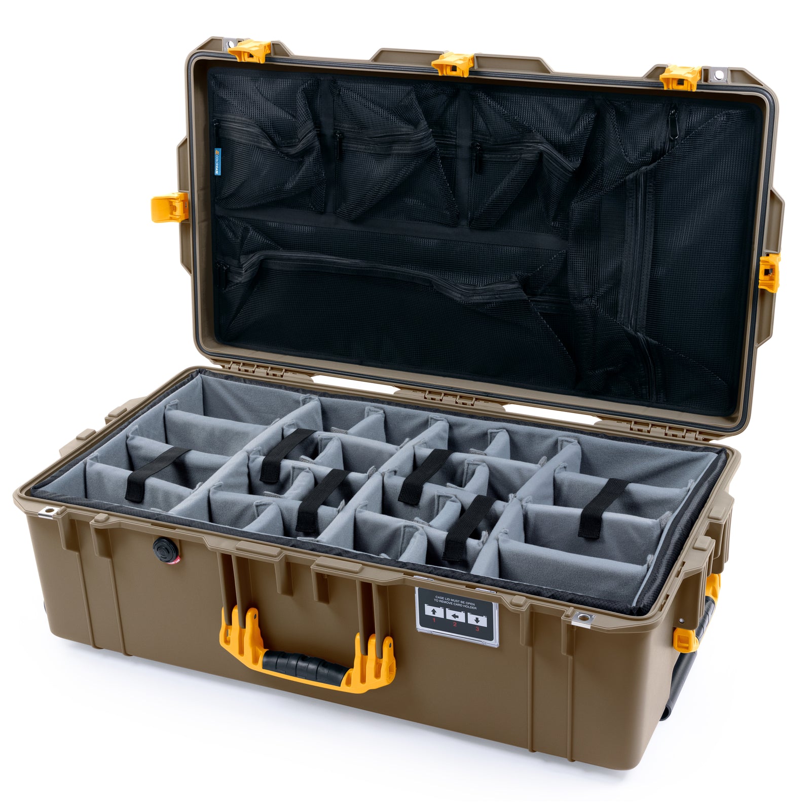 Pelican 1615 Air Case - Dark Desert Dirt & Yellow - Padded Microfiber Dividers / Mesh Lid Organizer