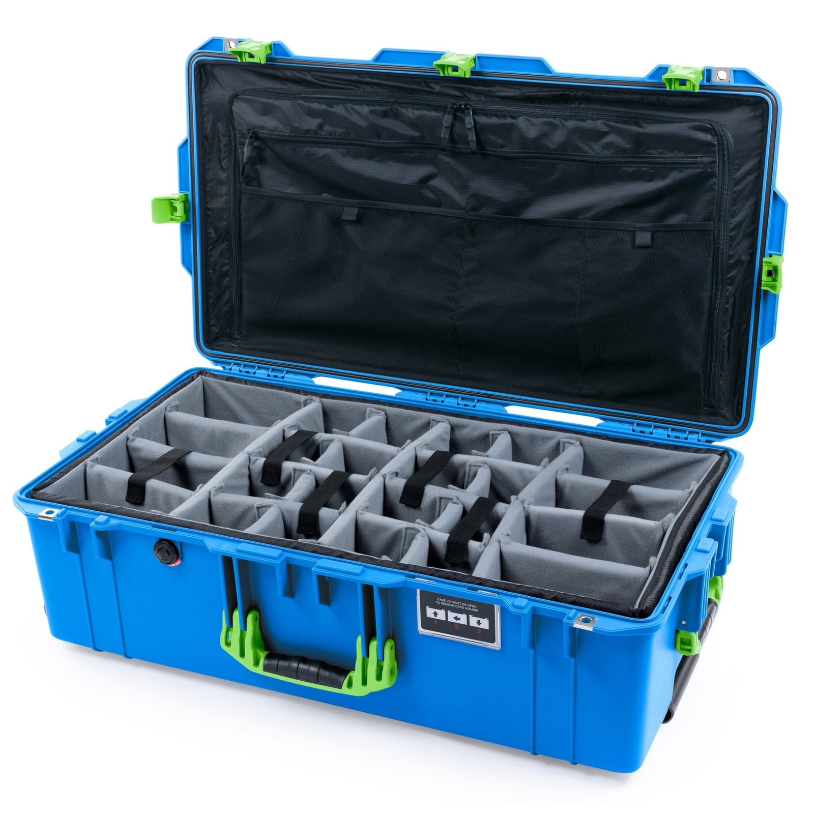 Pelican 1615 Air Case - Electric Blue & Lime Green Trolley - Padded Microfiber Dividers / TRVL Lid Organizer