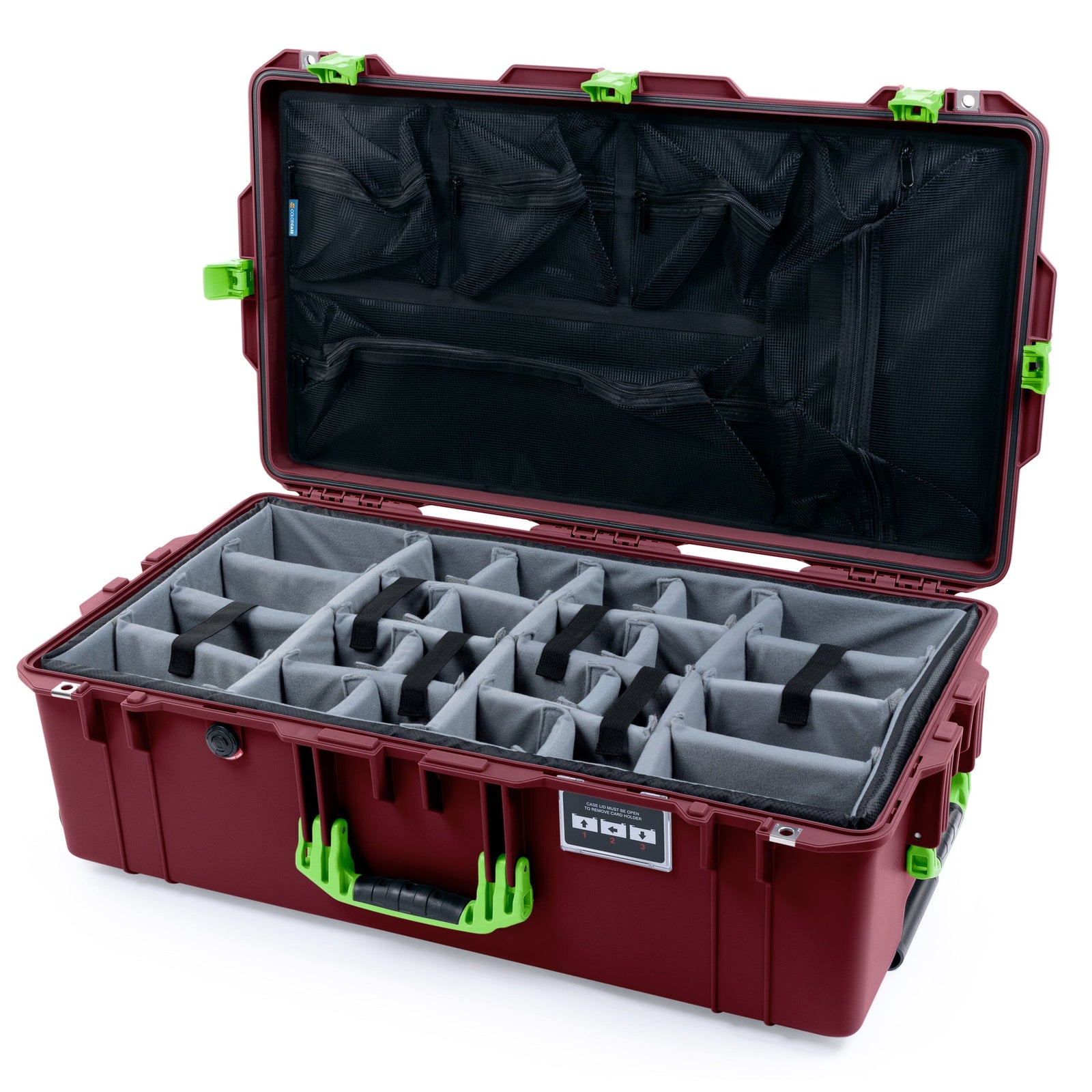 Pelican 1615 Air Case - Oxblood & Lime Green Gray Padded Microfiber Dividers with Mesh Lid Organizer ColorCase 016150-0170-510-301