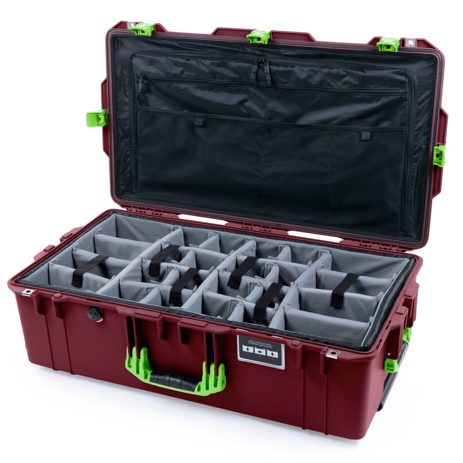 Pelican 1615 Air Case - Oxblood & Lime Green Trolley - Padded Microfiber Dividers / TRVL Lid Organizer