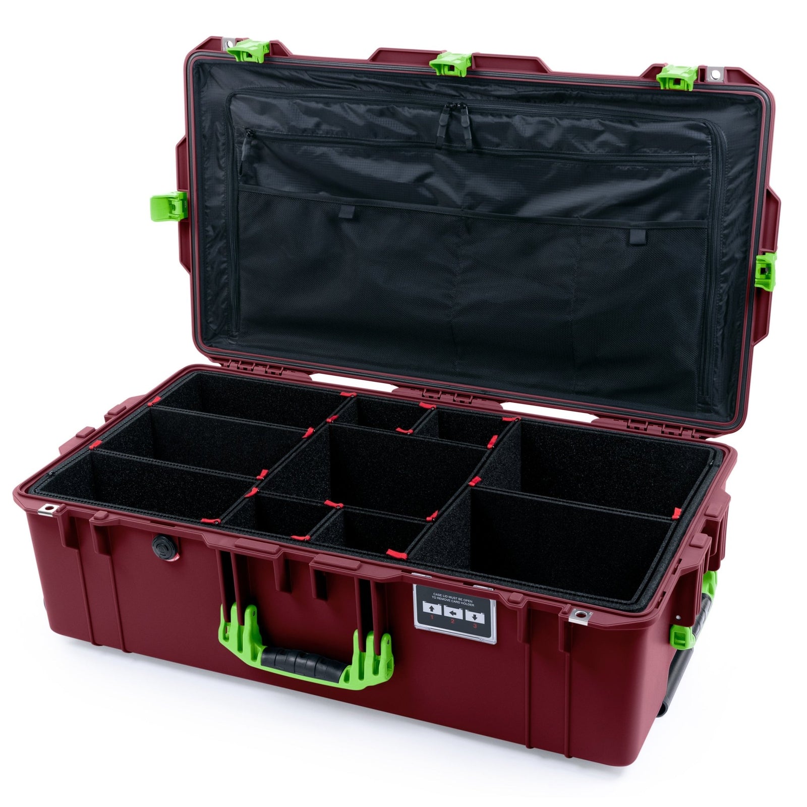 Pelican 1615 Air Case - Oxblood & Lime Green Trolley - TrekPak Divider System / TRVL Lid Organizer