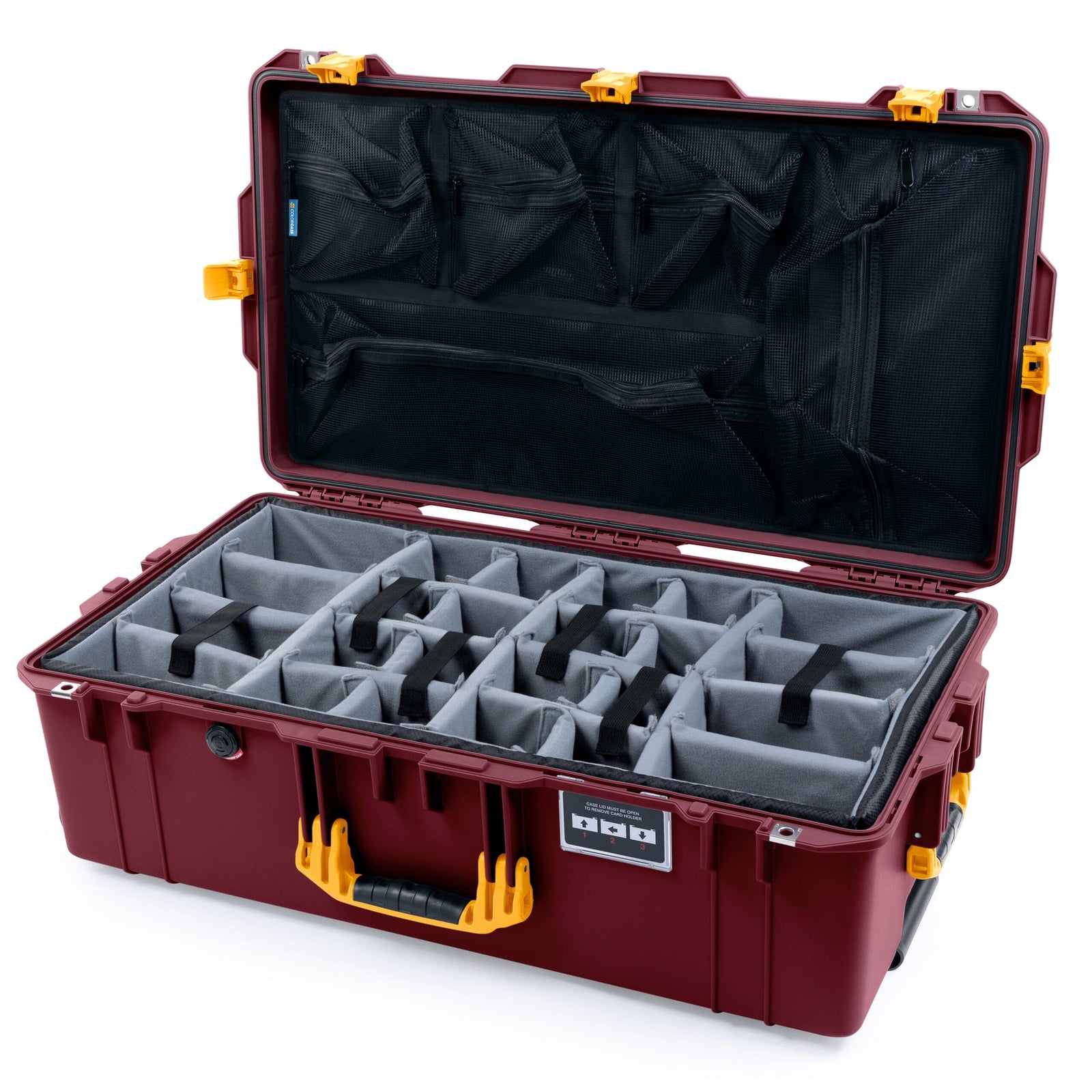 Pelican 1615 Air Case - Oxblood & Yellow Gray Padded Microfiber Dividers with Mesh Lid Organizer ColorCase 016150-0170-510-241