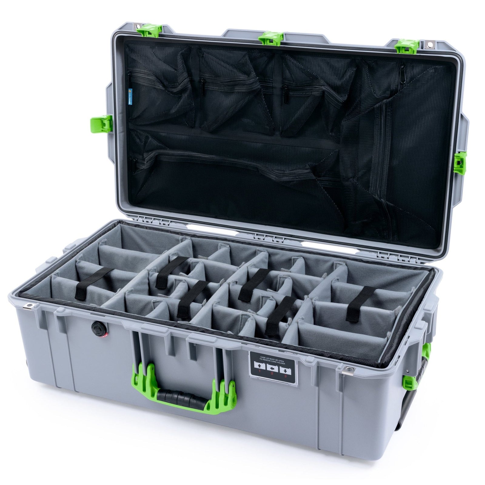 Pelican 1615 Air Case - Silver & Lime Green Padded Microfiber Dividers / Mesh Lid Organizer ColorCase 016150-0170-180-301