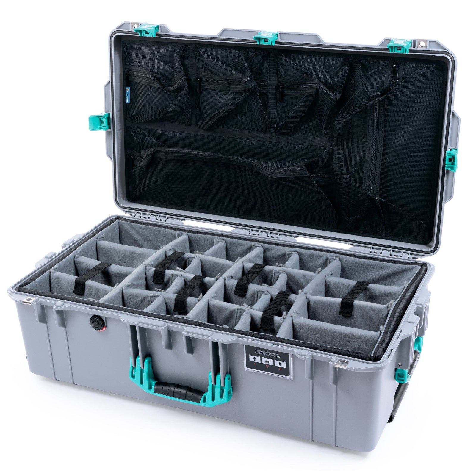Pelican 1615 Air Case - Silver & Teal Trolley Padded Microfiber Dividers / Mesh Lid Organizer ColorCase 016150-0170-180-591-590