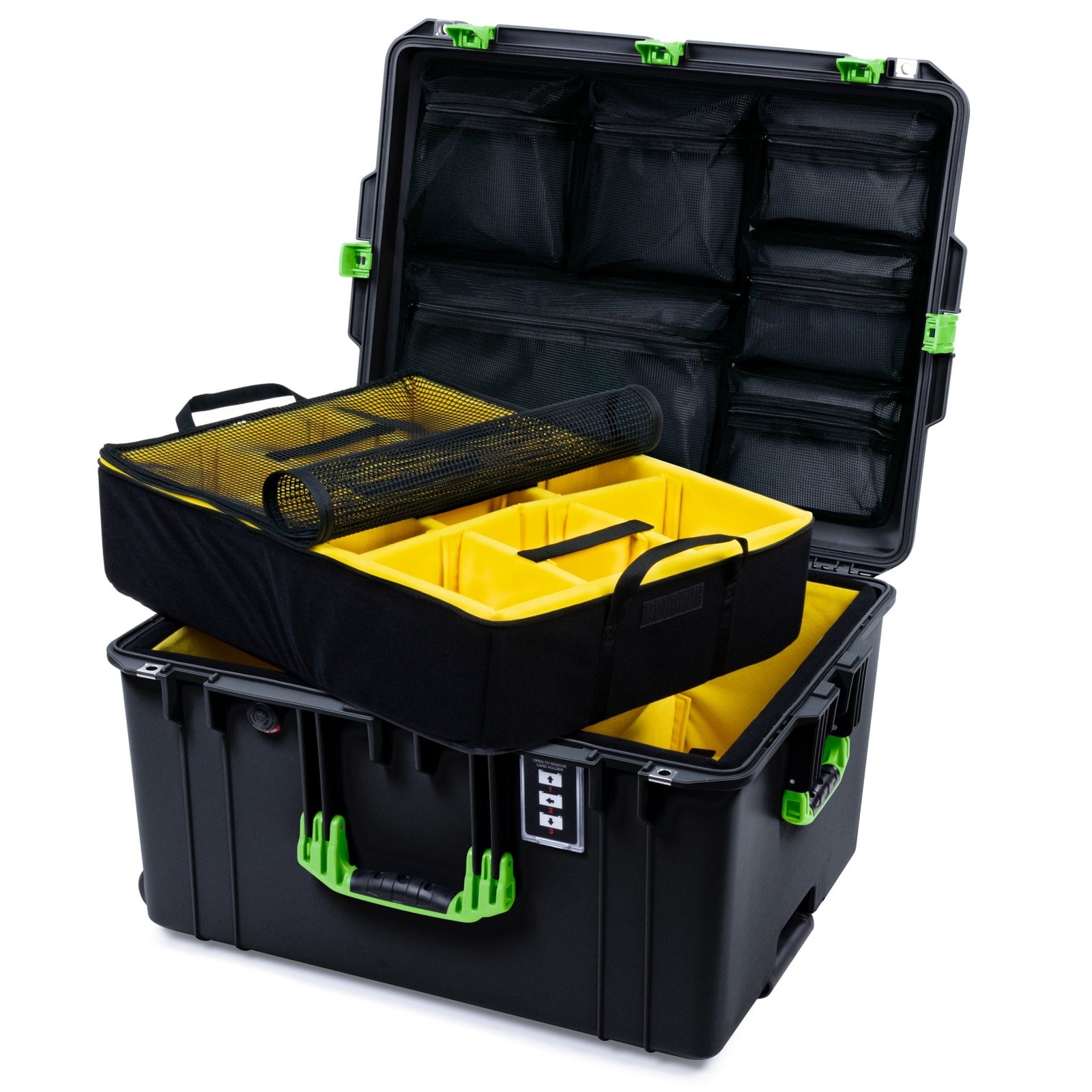 Pelican 1637 Air Case - Black & Lime Green Trolley - Yellow Padded Microfiber Dividers / Mesh Lid Organizer