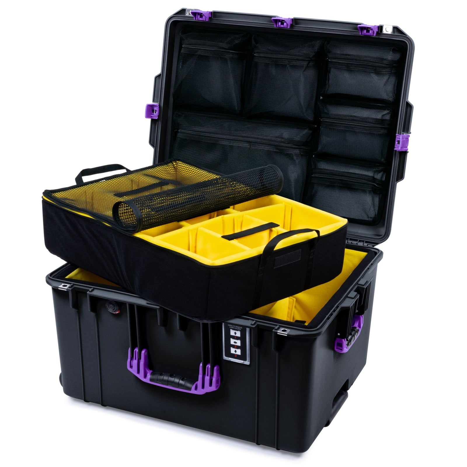 Pelican 1637 Air Case - Black & Purple Trolley - Yellow Padded Microfiber Dividers / Mesh Lid Organizer