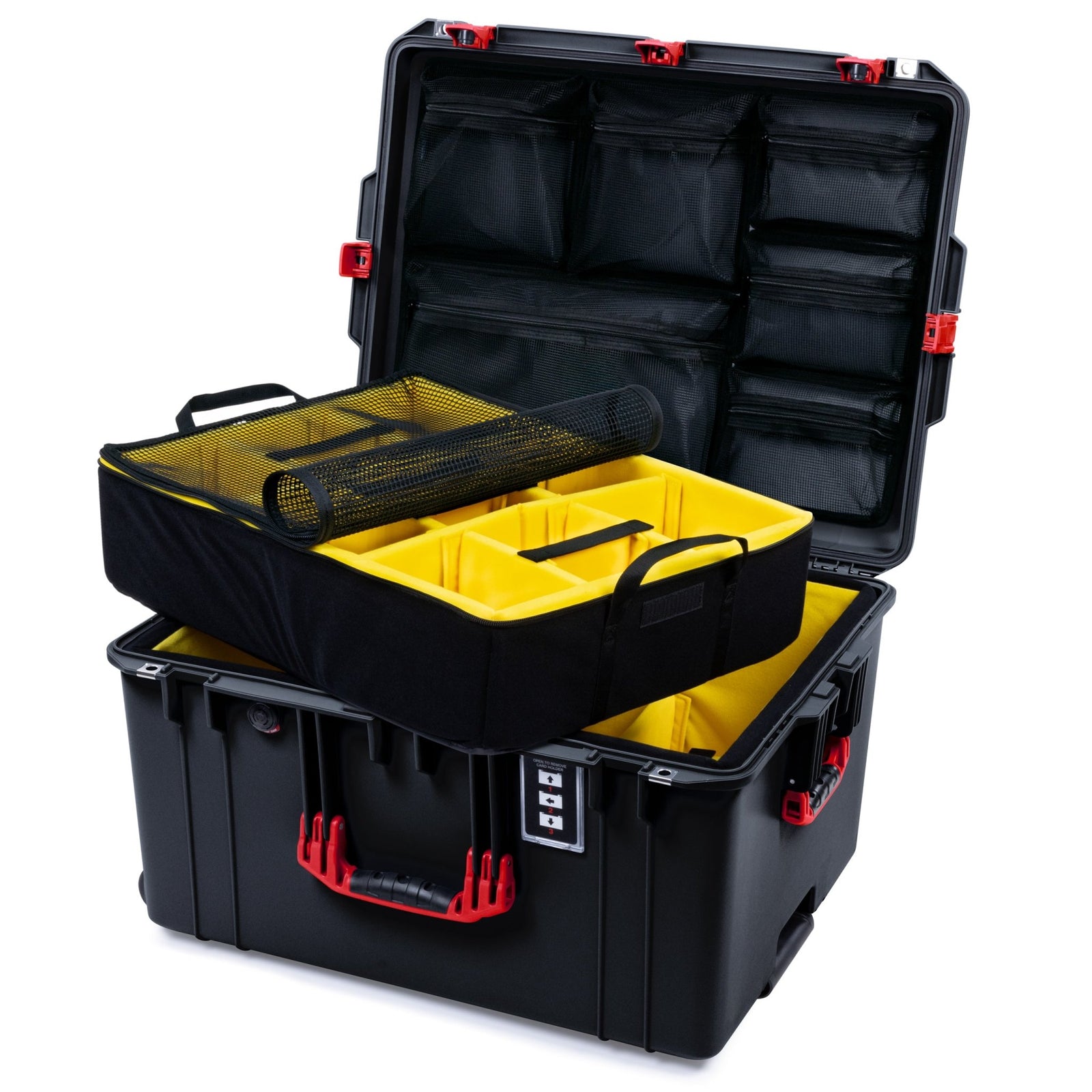 Pelican 1637 Air Case - Black & Red TSA Latches + Trolley - Yellow Padded Microfiber Dividers / Mesh Lid Organizer