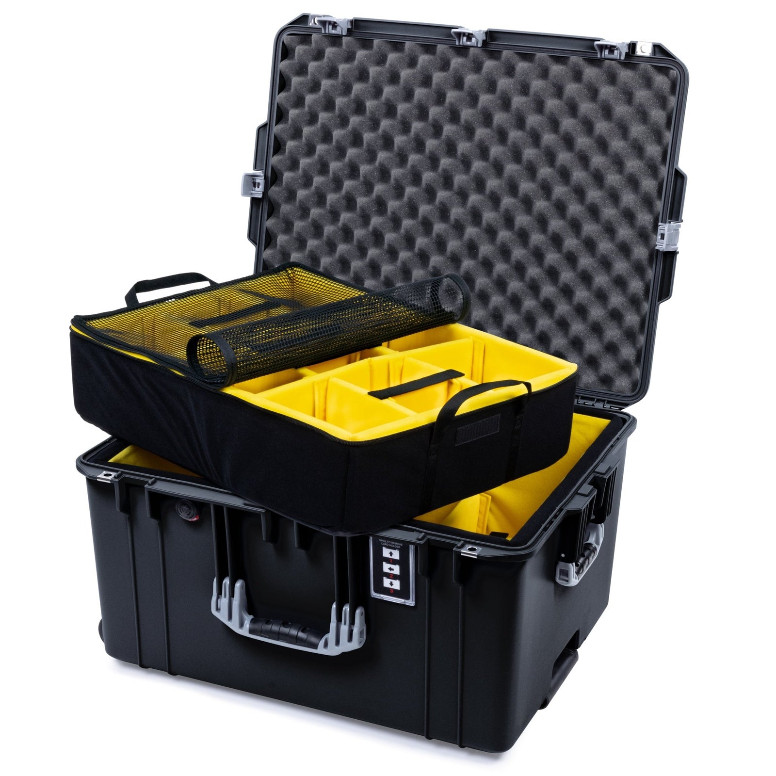 Pelican 1637 Air Case - Black & Silver Trolley - 2 - Layer Yellow Padded Microfiber Dividers / Convolute Lid Foam