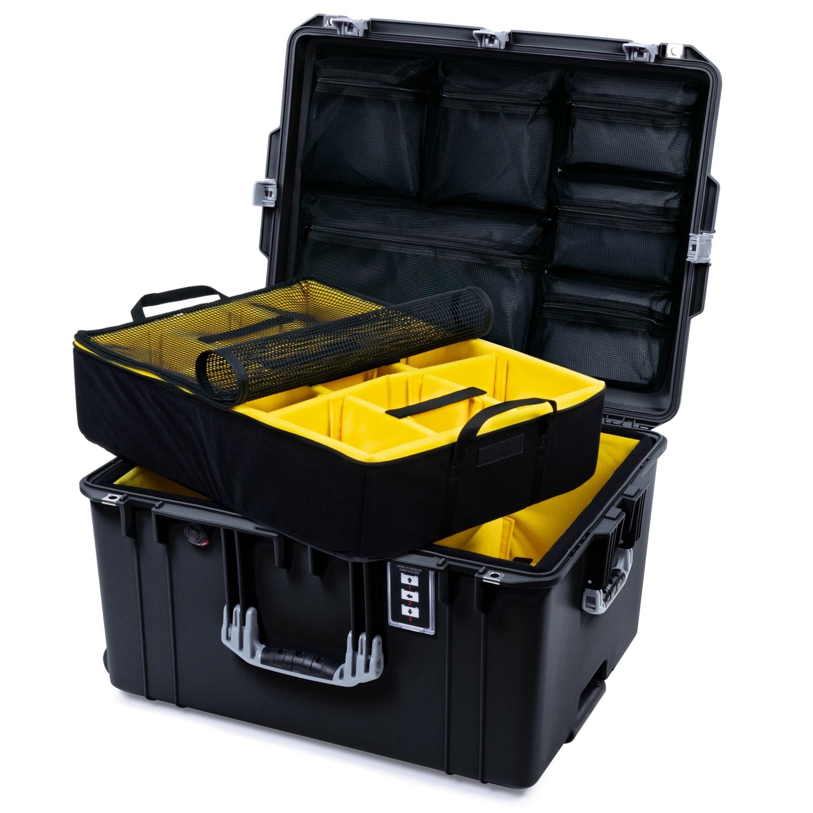 Pelican 1637 Air Case - Black & Silver Trolley - Yellow Padded Microfiber Dividers / Mesh Lid Organizer
