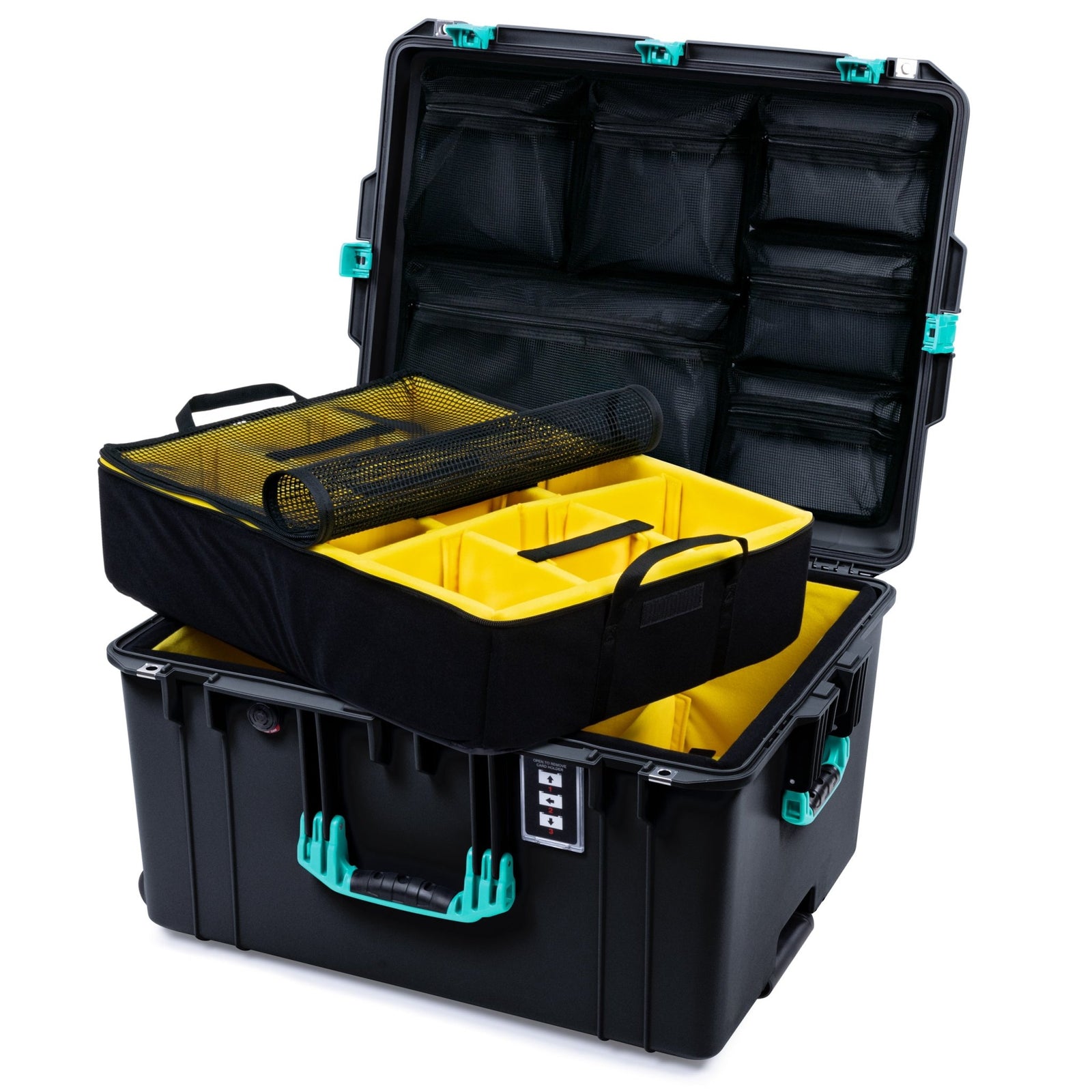 Pelican 1637 Air Case - Black & Teal Trolley - Yellow Padded Microfiber Dividers / Mesh Lid Organizer