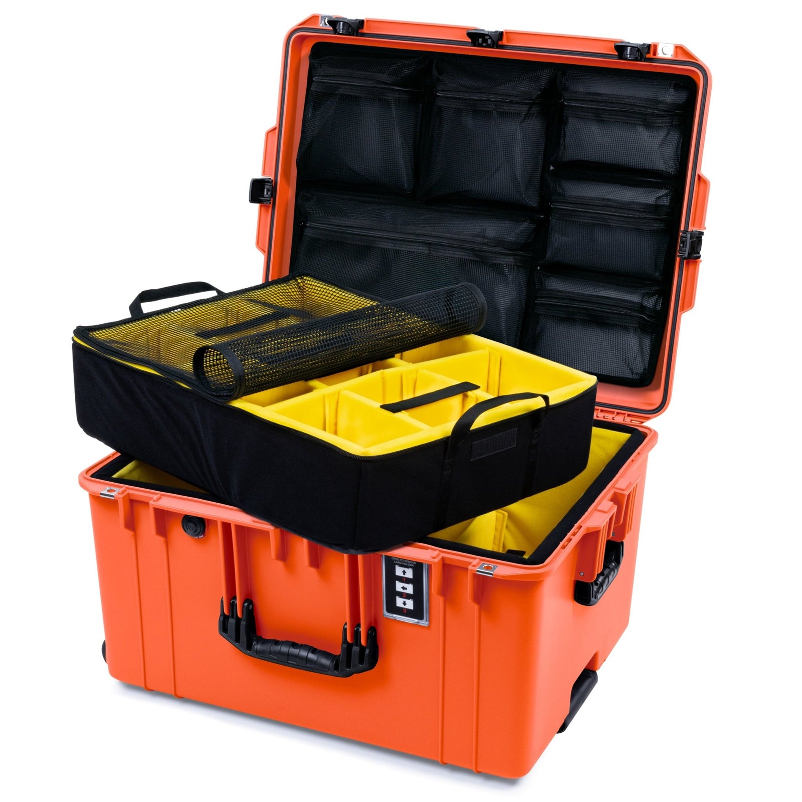 Pelican 1637 Air Case - Orange & Black TSA Latches + Trolley - 2 - Layer Yellow Padded Microfiber Dividers / Mesh Lid Organizer